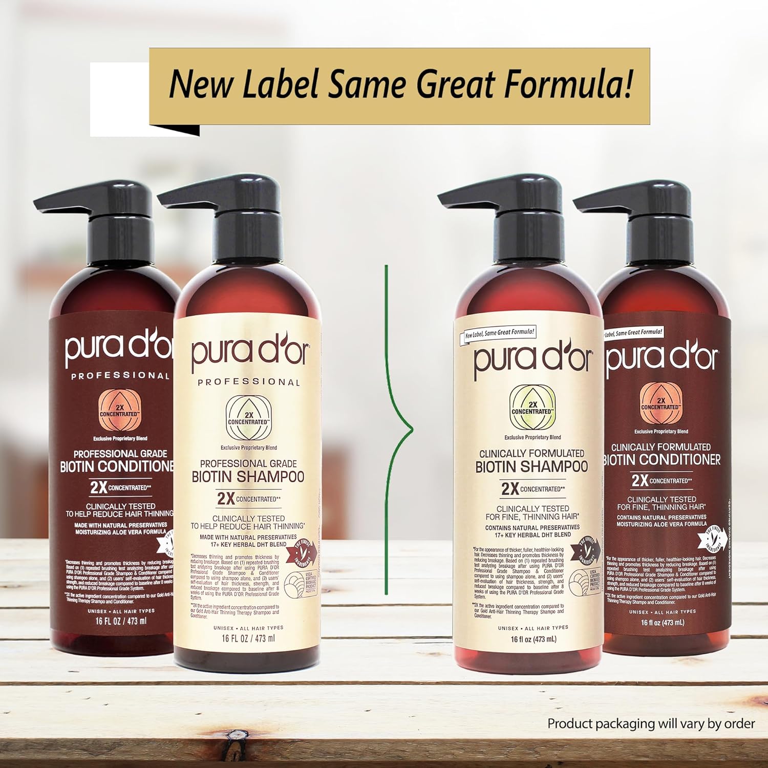PURA D'OR biotin shampoo and conditioner set with natural ingredients, featuring bottles with pump dispensers and labels in green and white.