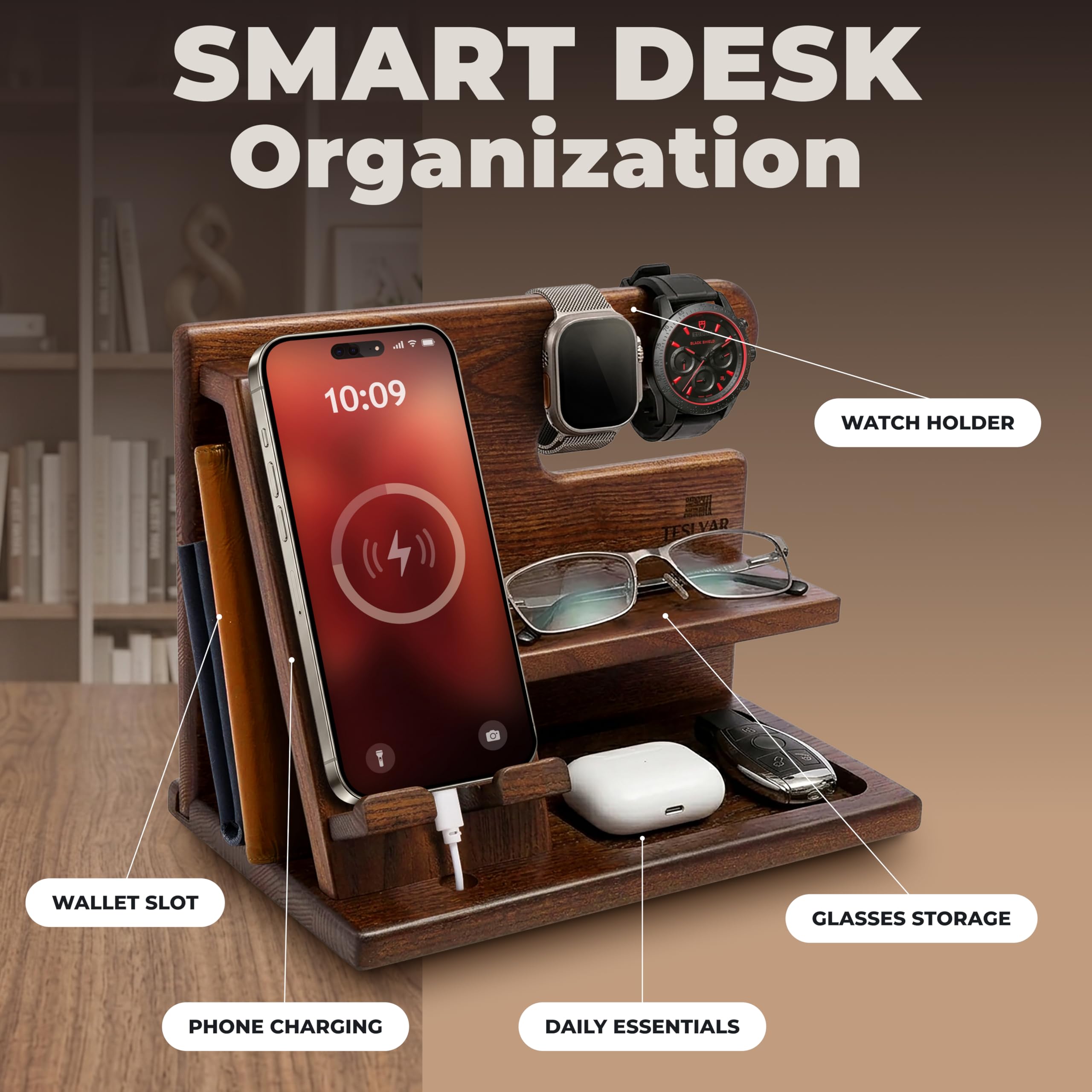 TESLYAR Wood Phone Docking Station for Men - Desktop or Nightstan - TESLYAR Official Product View 3