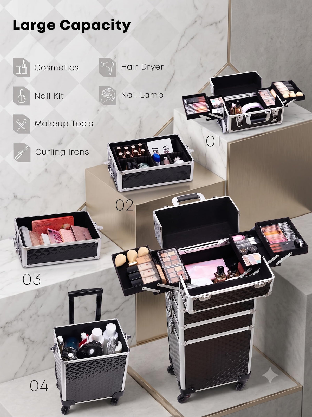 4 in 1 Rolling Makeup Train Case Portable Cosmetology - Adazzo Official Imagery - 4
