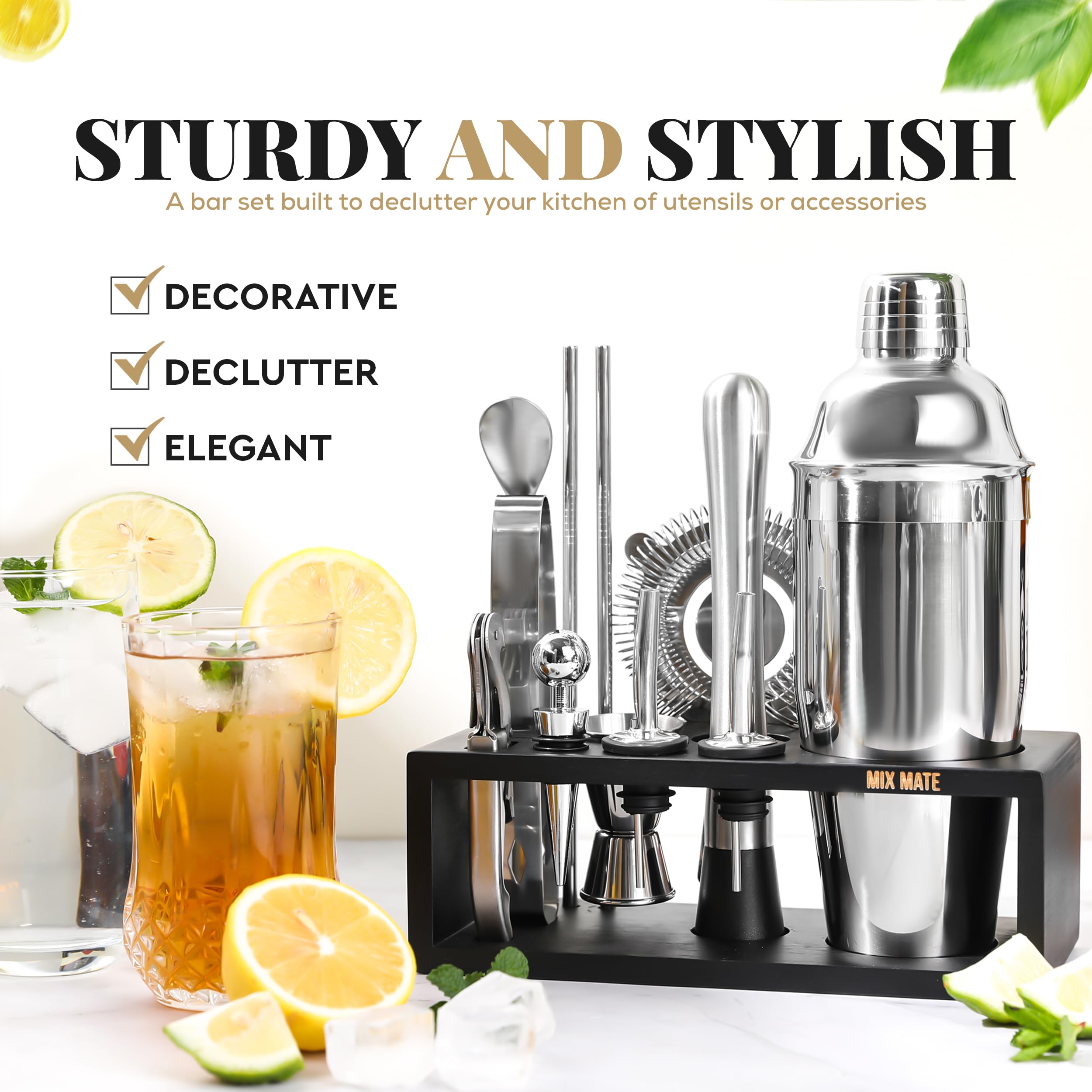 MixMate Mixology Bartender Kit with Stand - 15 Piece Bar Tool Set, Silver Bar Se - MixMate Official Product View 2