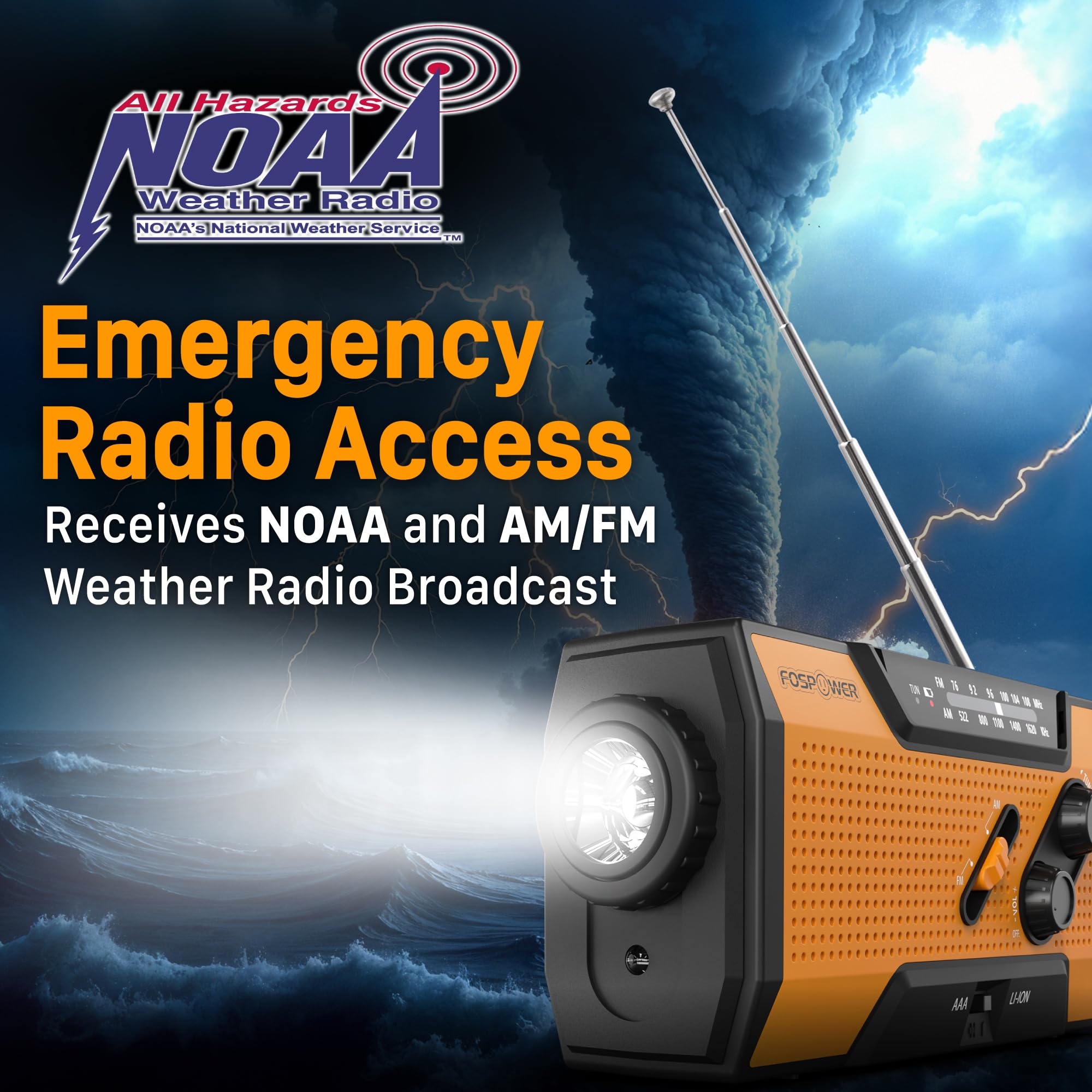 FosPower NOAA Emergency Weather Radio A1 7400mWh Solar Hand Crank by FosPower - Angle View 2