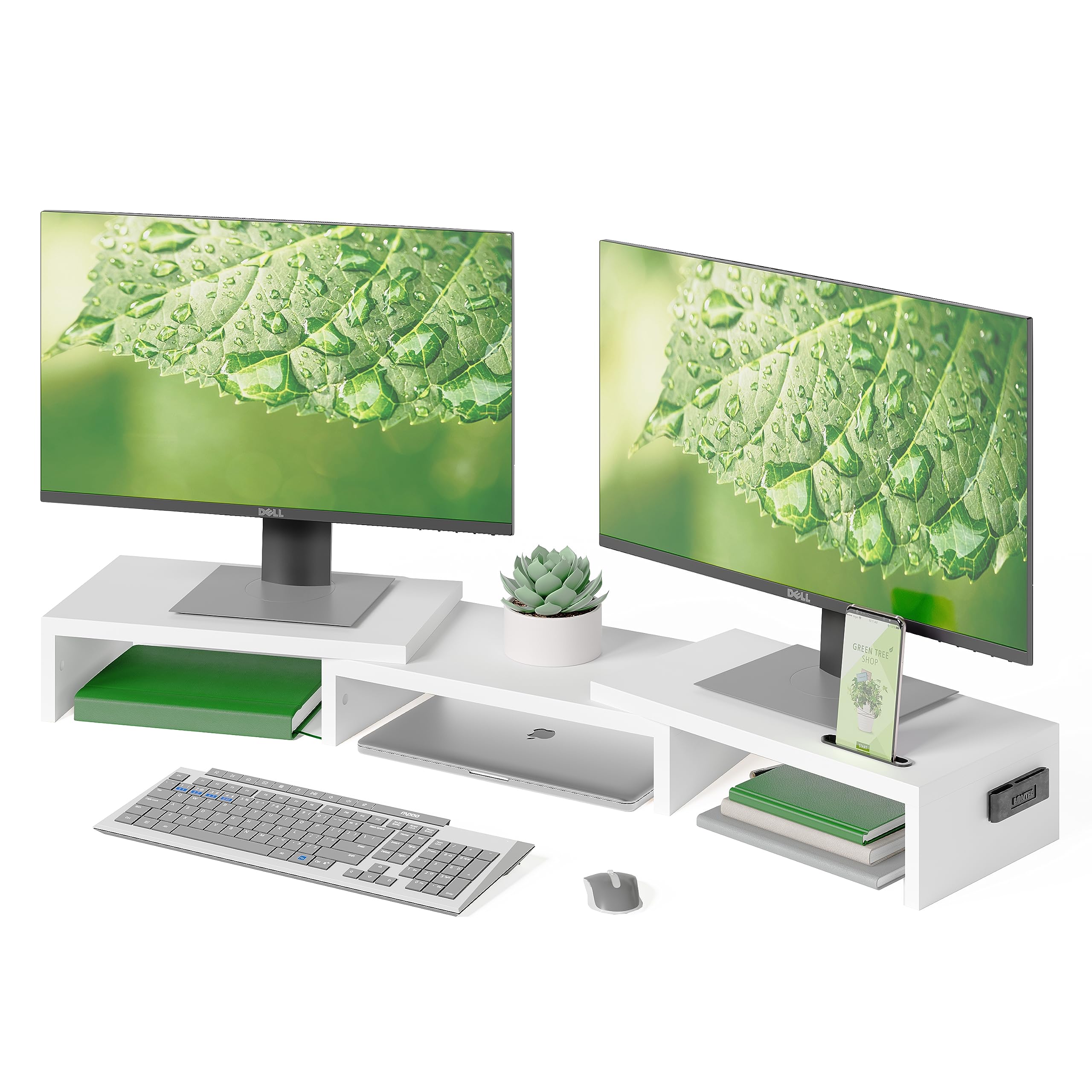 BONTEC dual monitor stand riser in white with adjustable length and swivel angle, supporting ergonomic workspace setup.