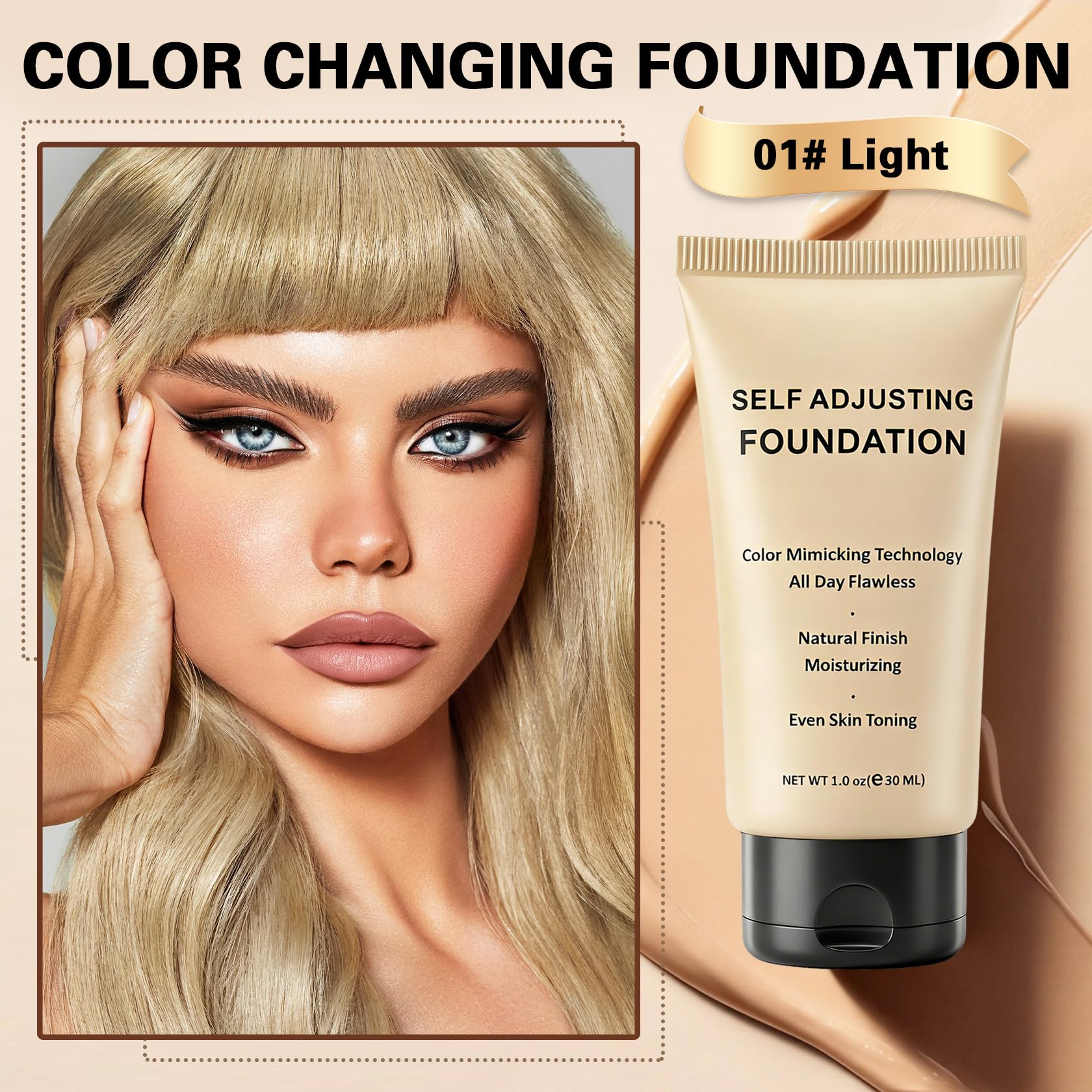 AOAZXBB color changing foundation in shade 01 Light, self-adjusting skin foundation and concealer, smooth and blendable texture.