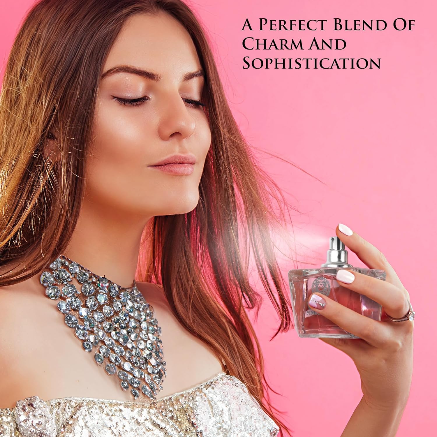 NovoGlow Verse Pink Crystal Eau De Parfum bottle with pink liquid, featuring a sleek design and top notes of pomegranate.