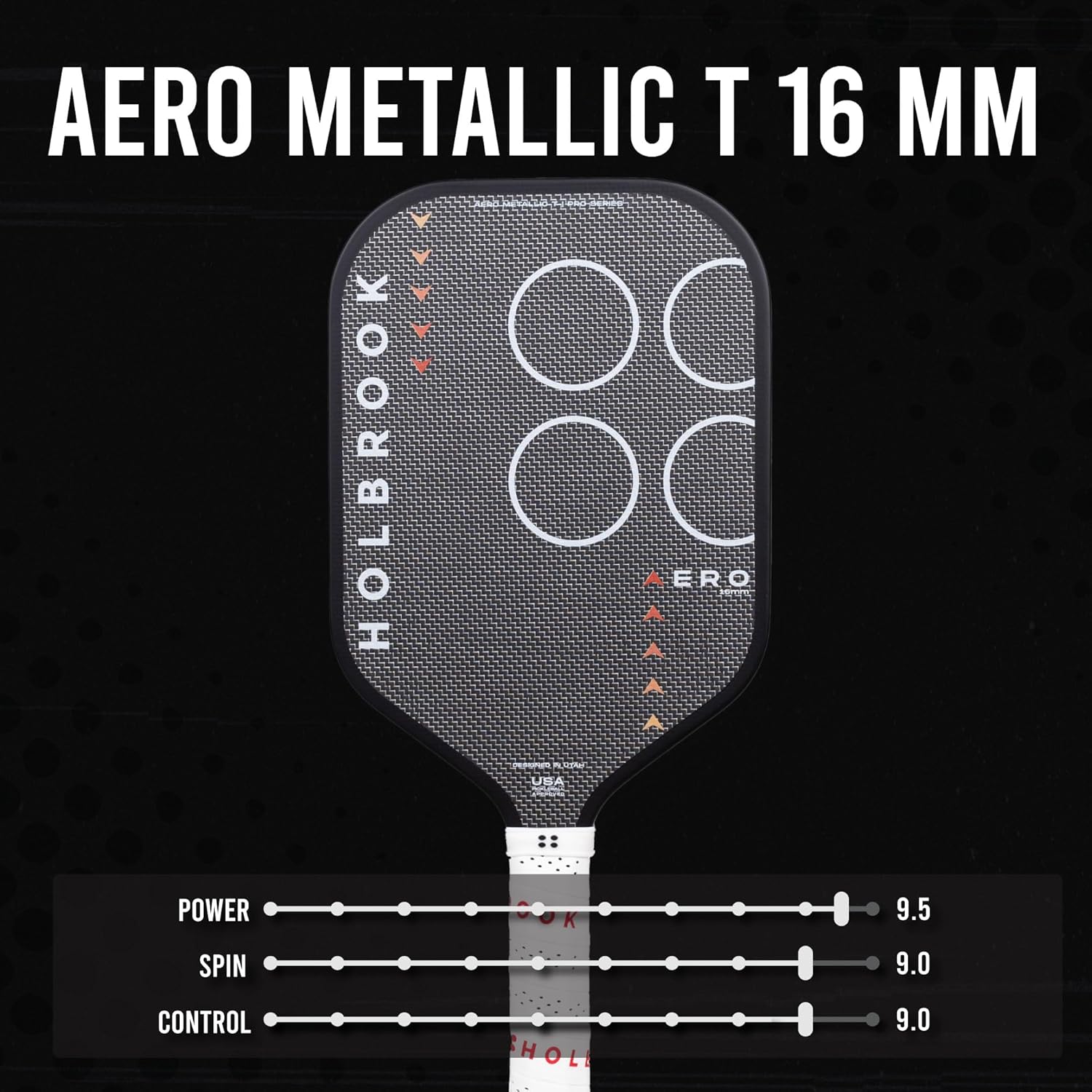 Holbrook Aero Series Edgeless Pickleball Paddle with carbon fiber surface, USAPA approved, showcasing sleek design and lightweight construction.