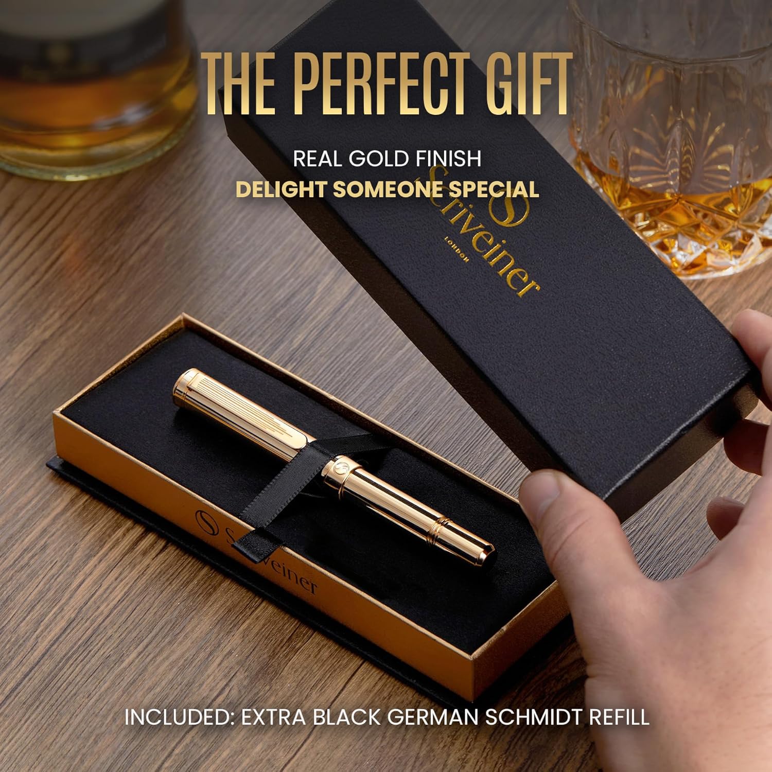 Scriveiner heavy gold rollerball pen with gold plating, compact luxury pocket pen for writing and travel.