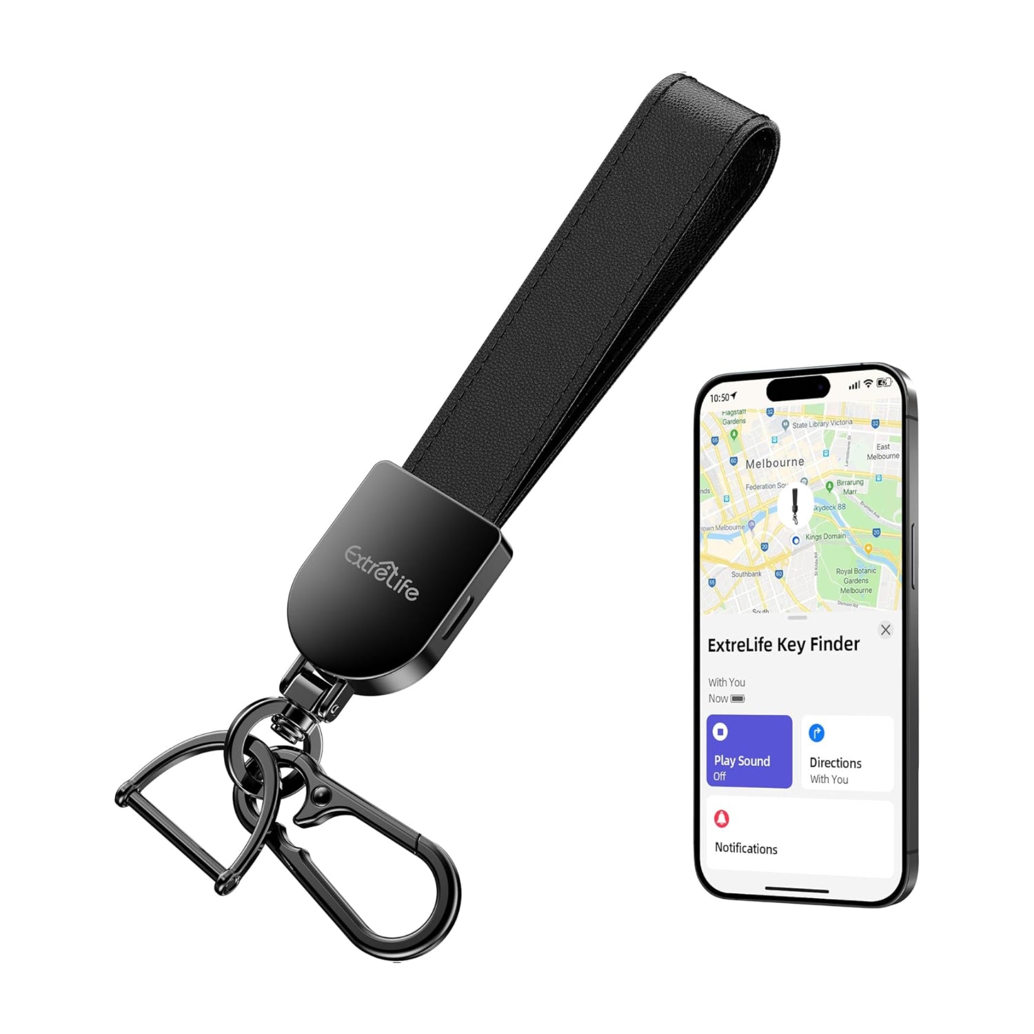 Leather car keychain by ExtreLife compatible with Apple Find My, featuring a sleek design for women and men.