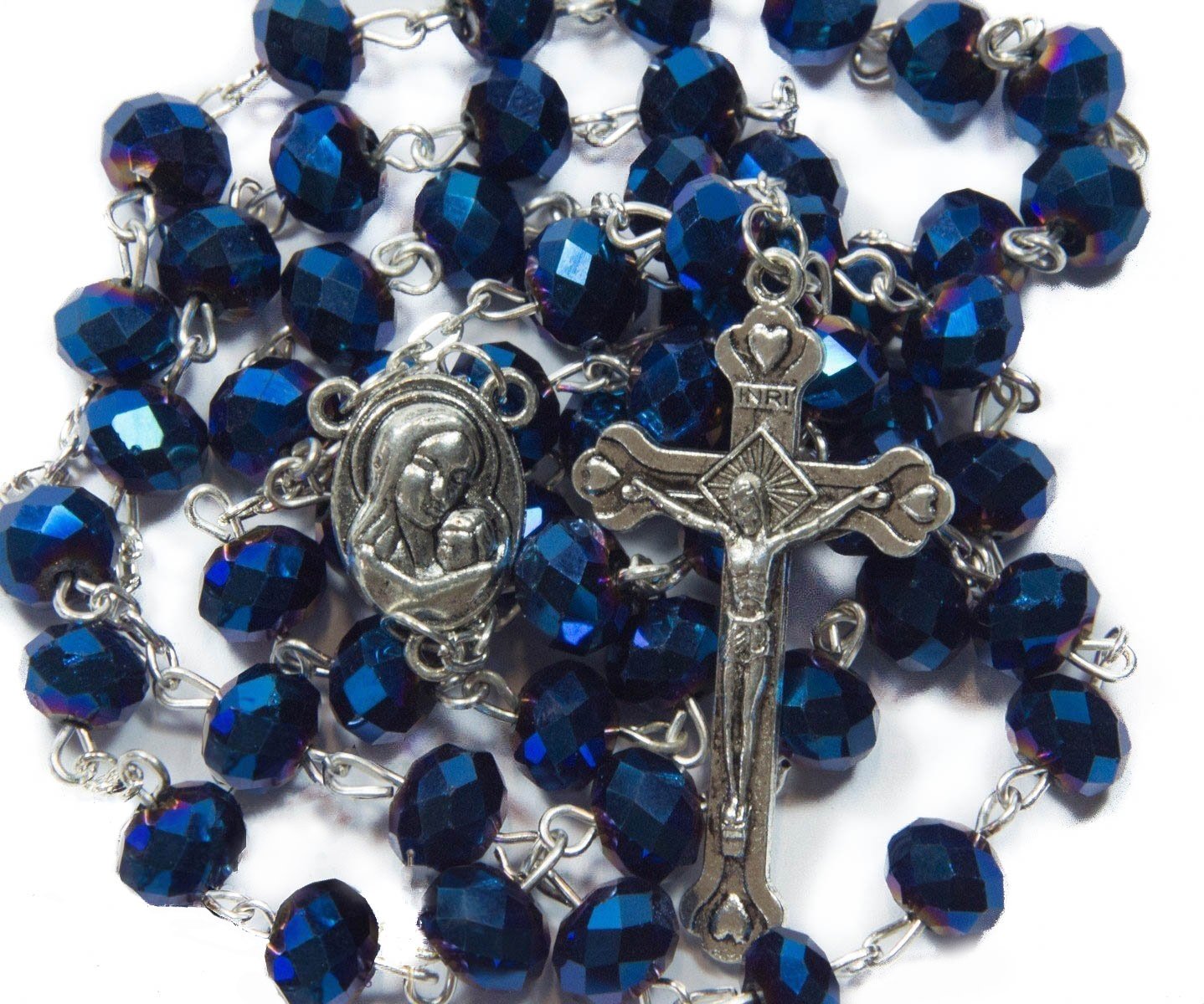 Nazareth Store Deep Blue Crystal Beads Rosary Catholic Necklace - Product Imagery