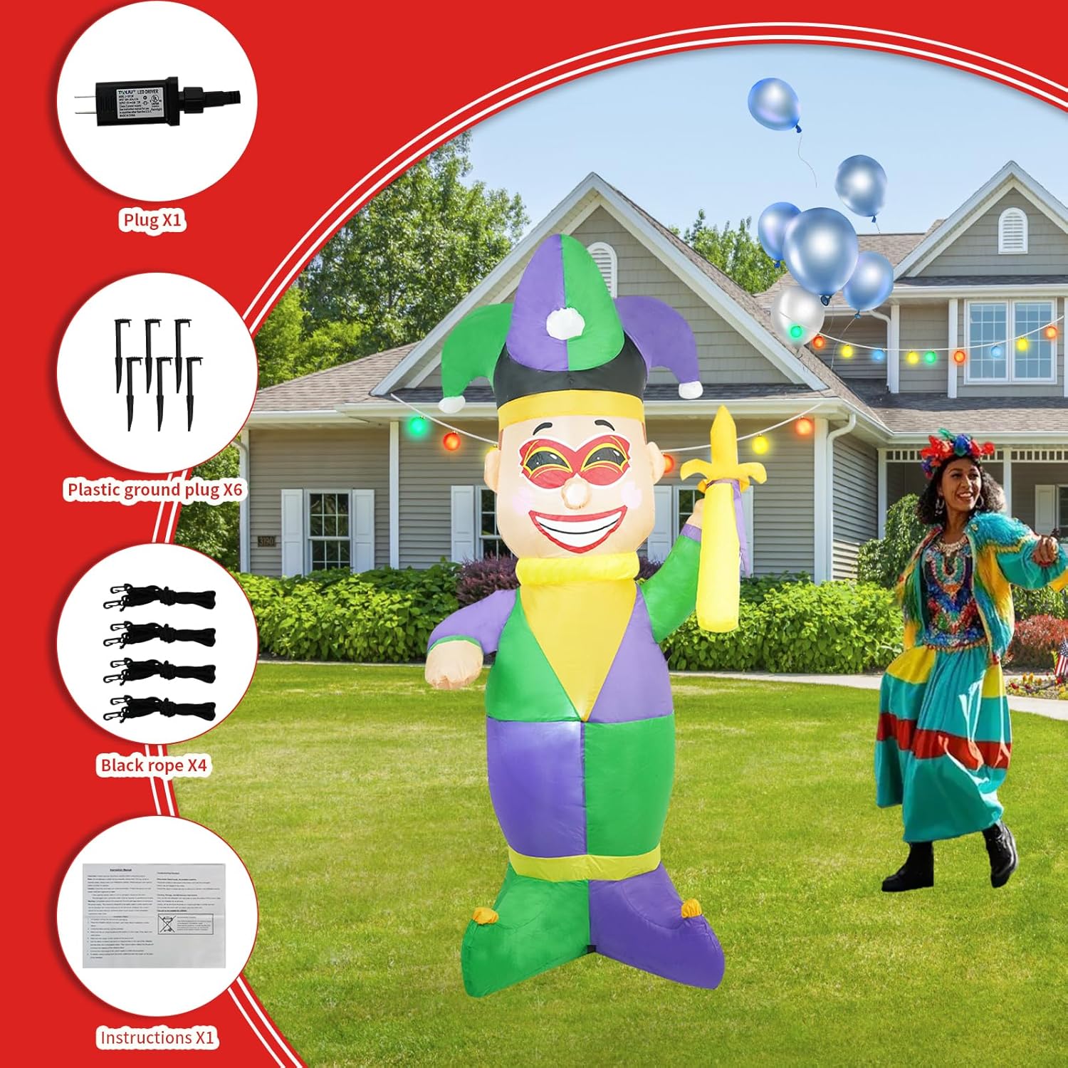 Large 5-foot inflatable clown decoration for Mardi Gras by SHDEJTG, featuring vibrant colors and detailed clown design.
