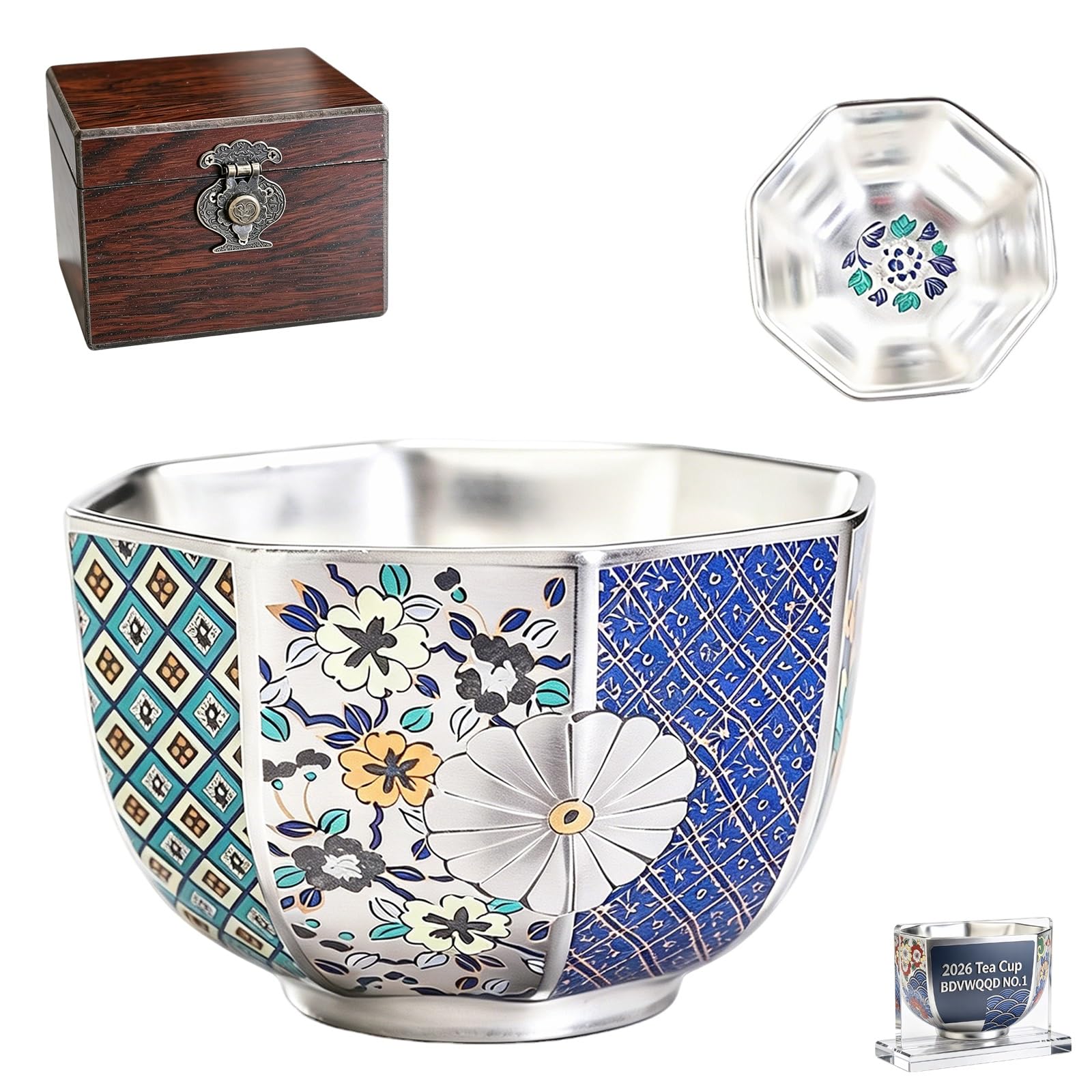 999 Pure Silver Chinese Gongfu Tea Cup, Enamel Floral Ceramic - Product Imagery