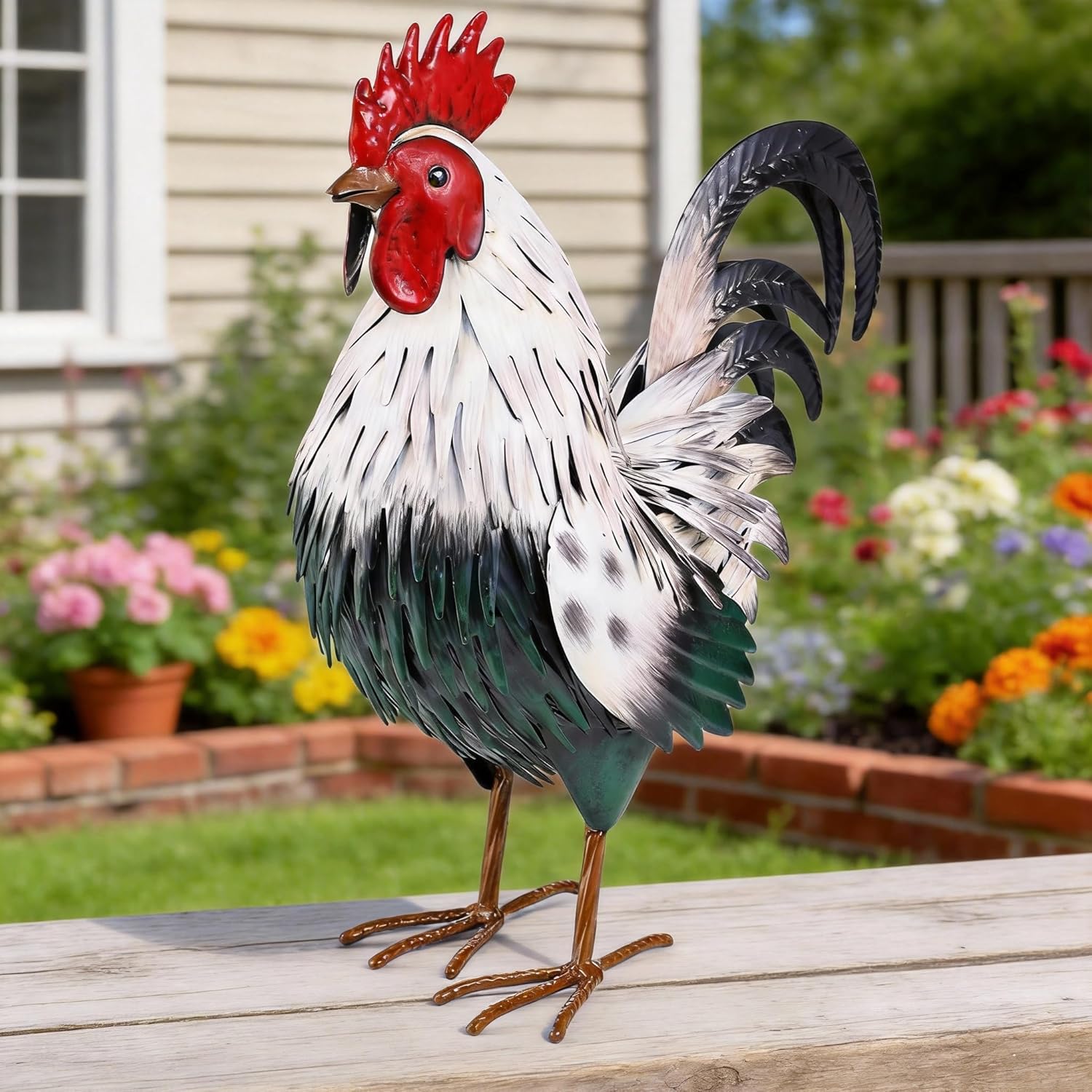 Ratuor rooster garden statue sculpture made of metal, outdoor yard decor, backyard chicken figurine for patio landscaping.