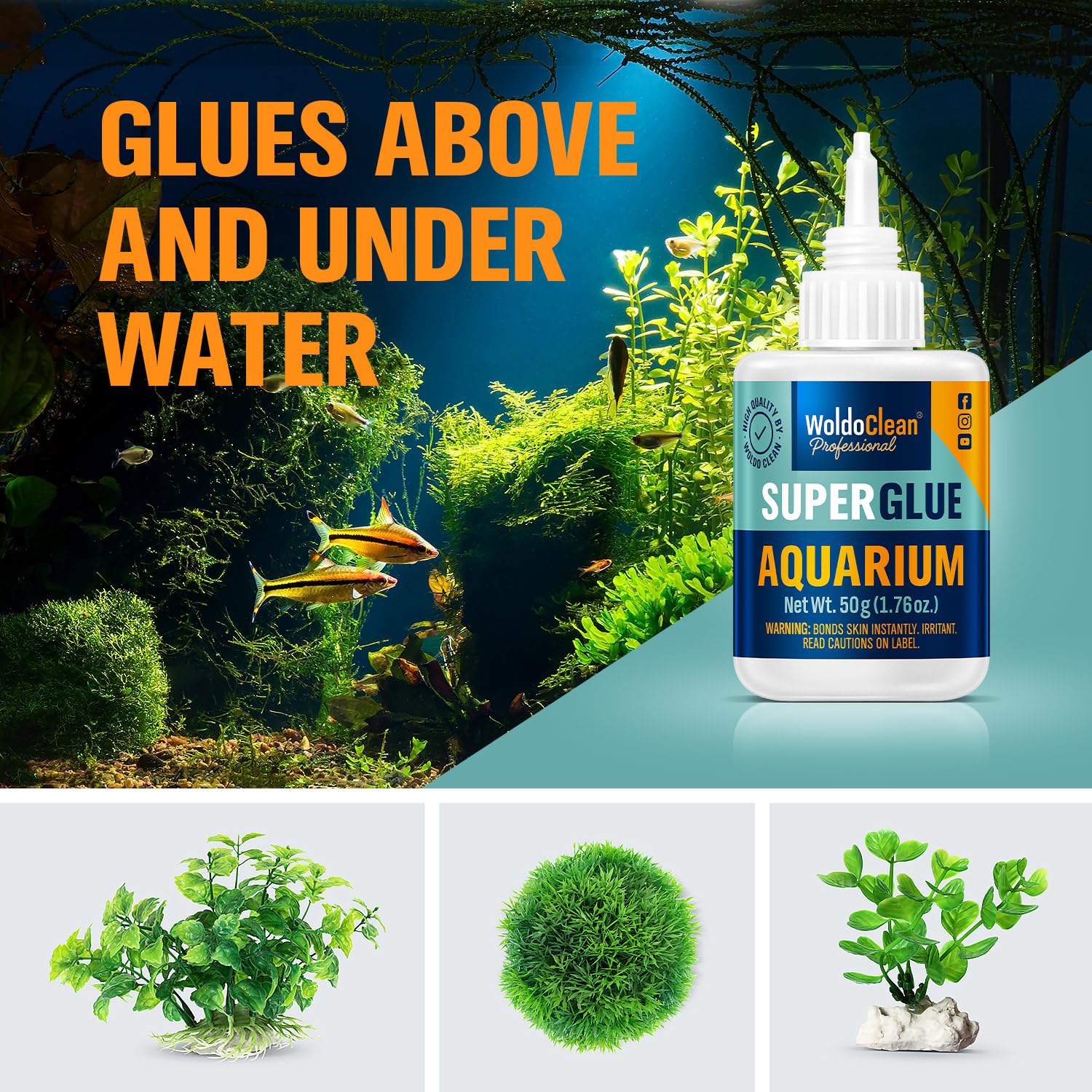 WoldoClean Aquarium Super Glue for mosses and freshwater plants, shown in a clear container with applied adhesive on aquatic greenery.