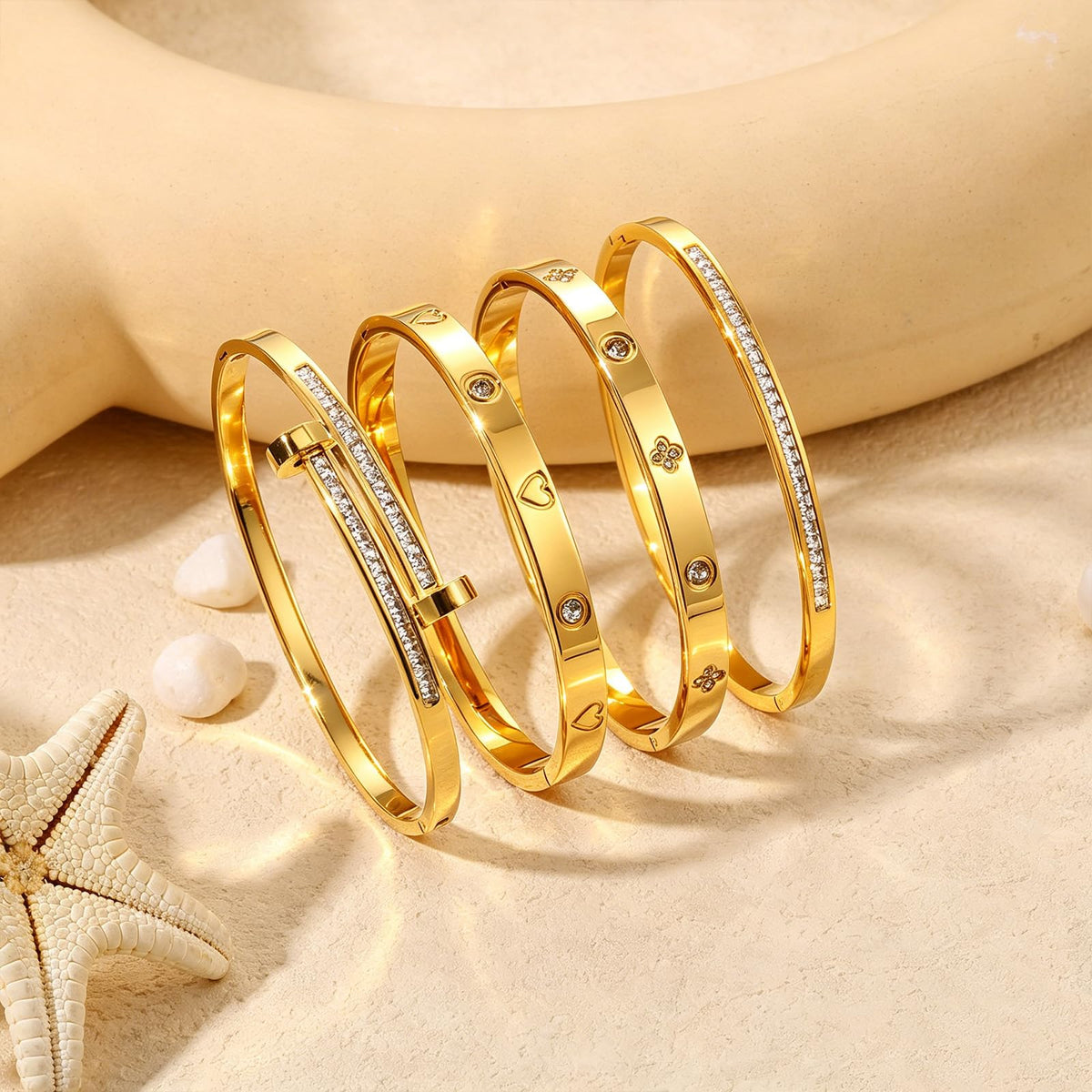 Gold Bangle Bracelets for Women 18K Gold Plated Stainless - Camhanno Official Imagery - 7