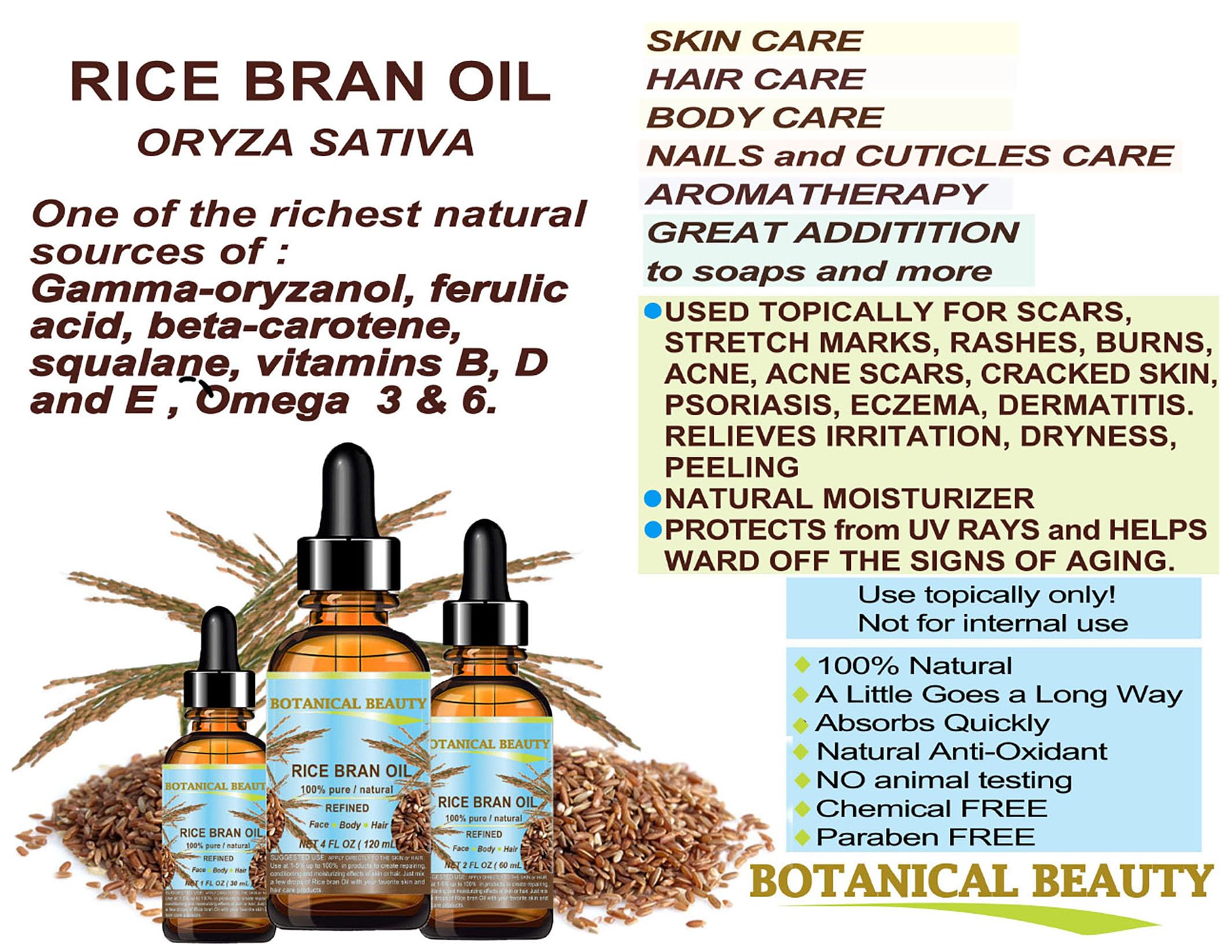 Botanical Beauty RICE BRAN OIL 100% Pure Natural Refined - Botanical Beauty