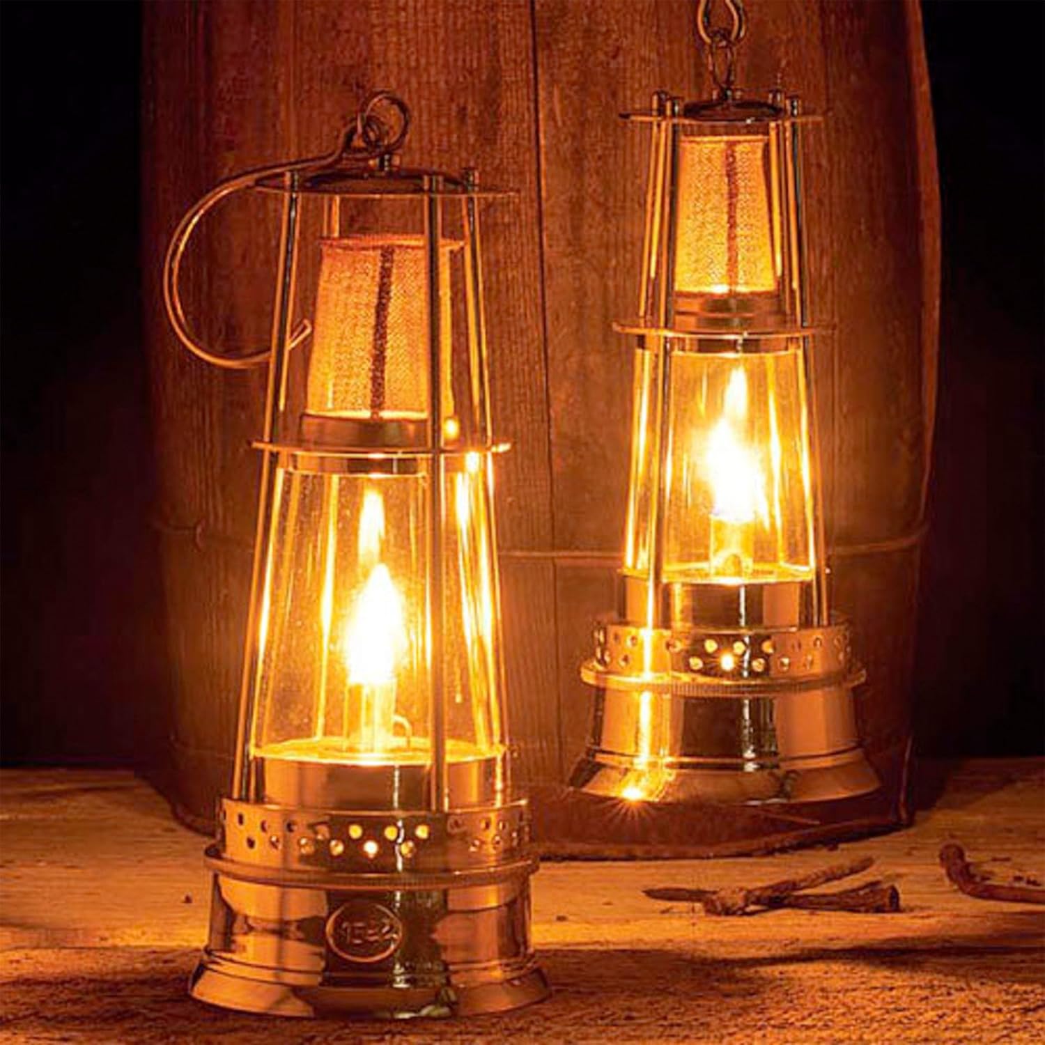 10-inch brass miners oil lamp with glass chimney, vintage style, from Kings County Tools, perfect for ambient lighting.
