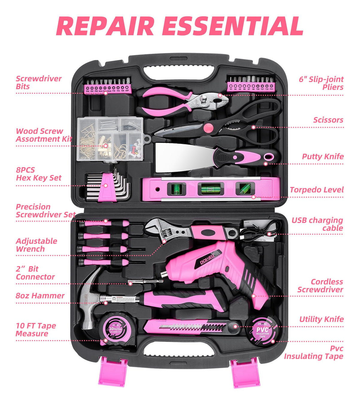 DOWELL Pink Tool Set with 3 6V Cordless Screwdriver Tool Kit - DOWELL Official Imagery - 3