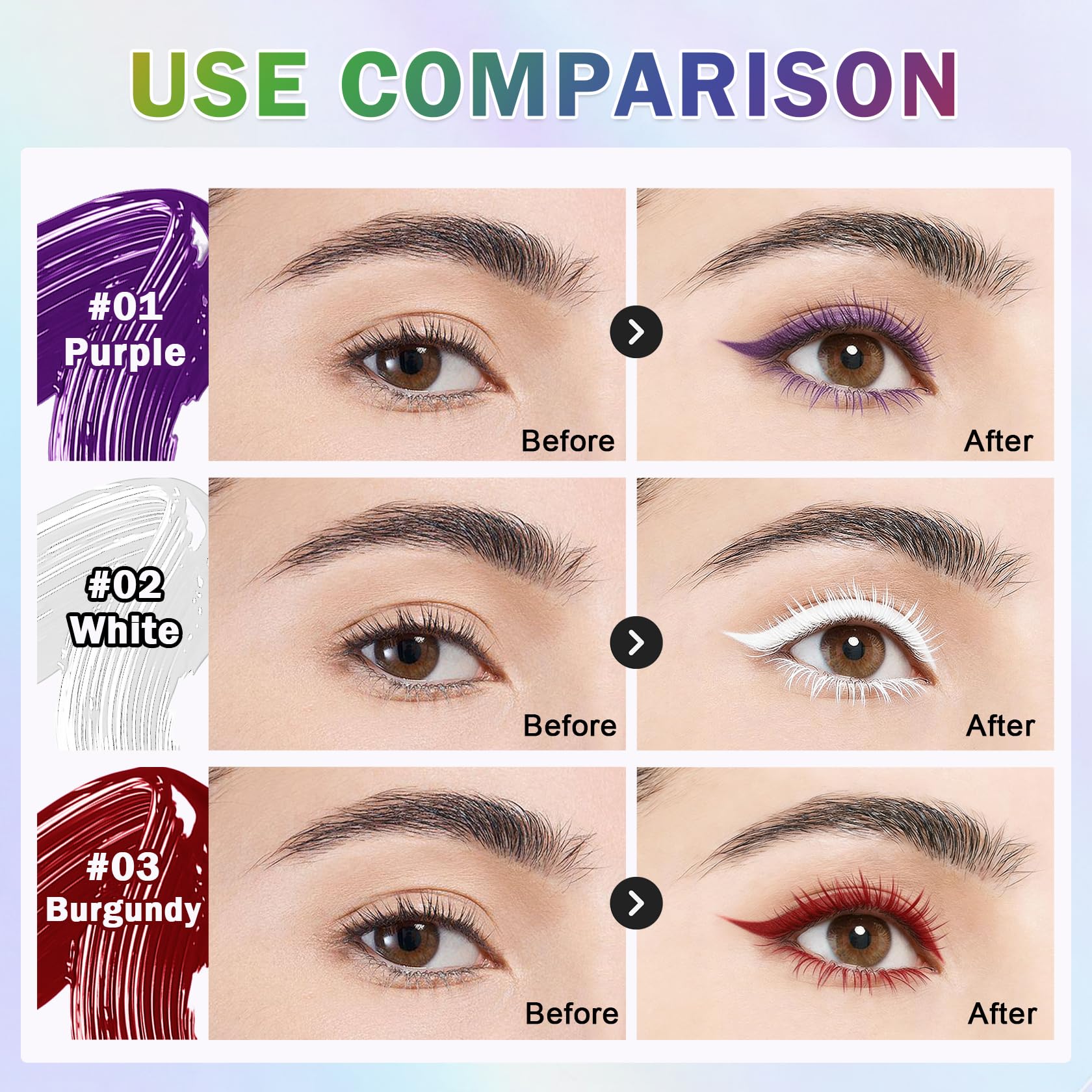 Close-up of Rosawee 5D Blue Waterproof Mascara wand showing volumizing and lengthening formula on lashes.