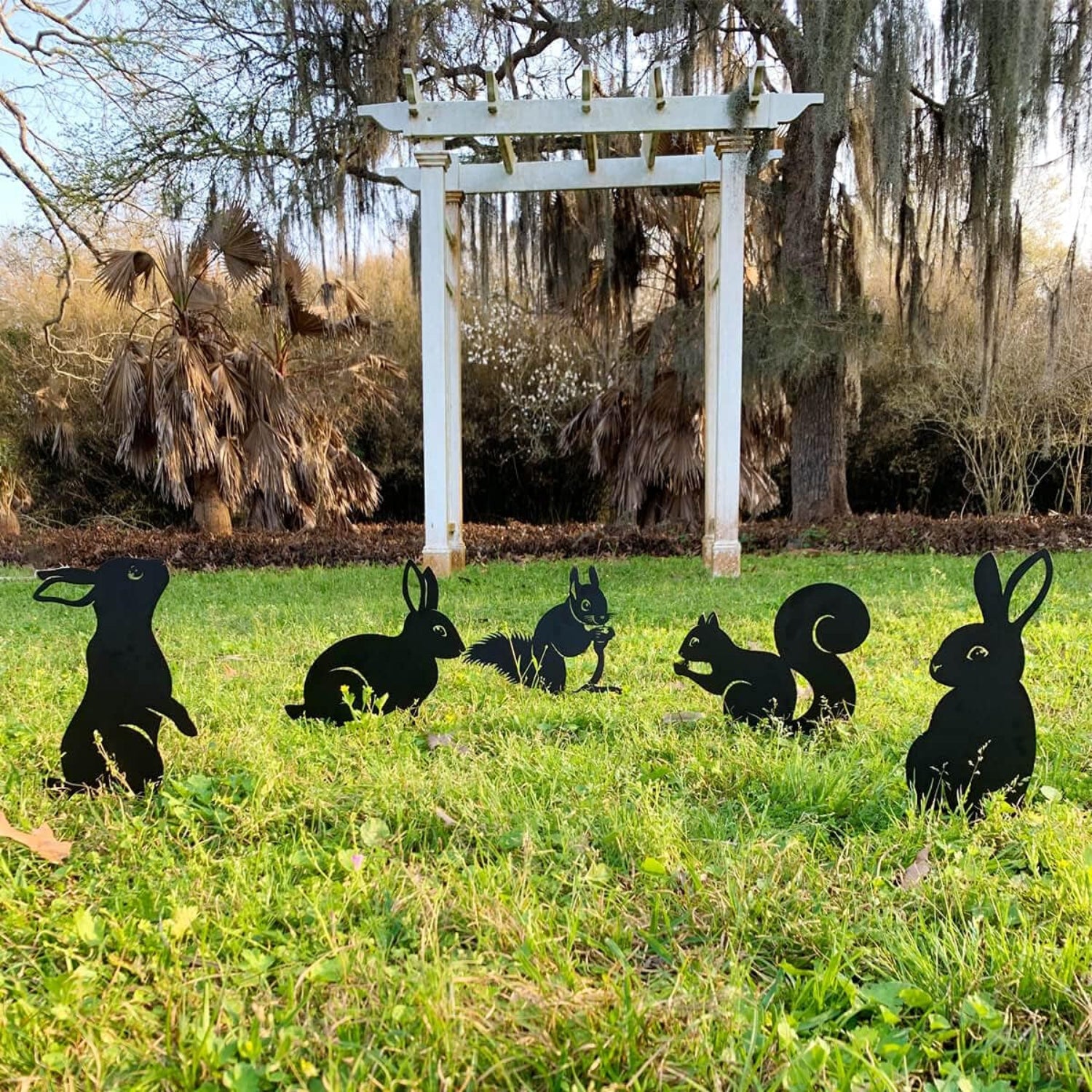 RealSteel metal garden animal sculptures featuring a bunny and squirrel yard art stake for outdoor decoration.
