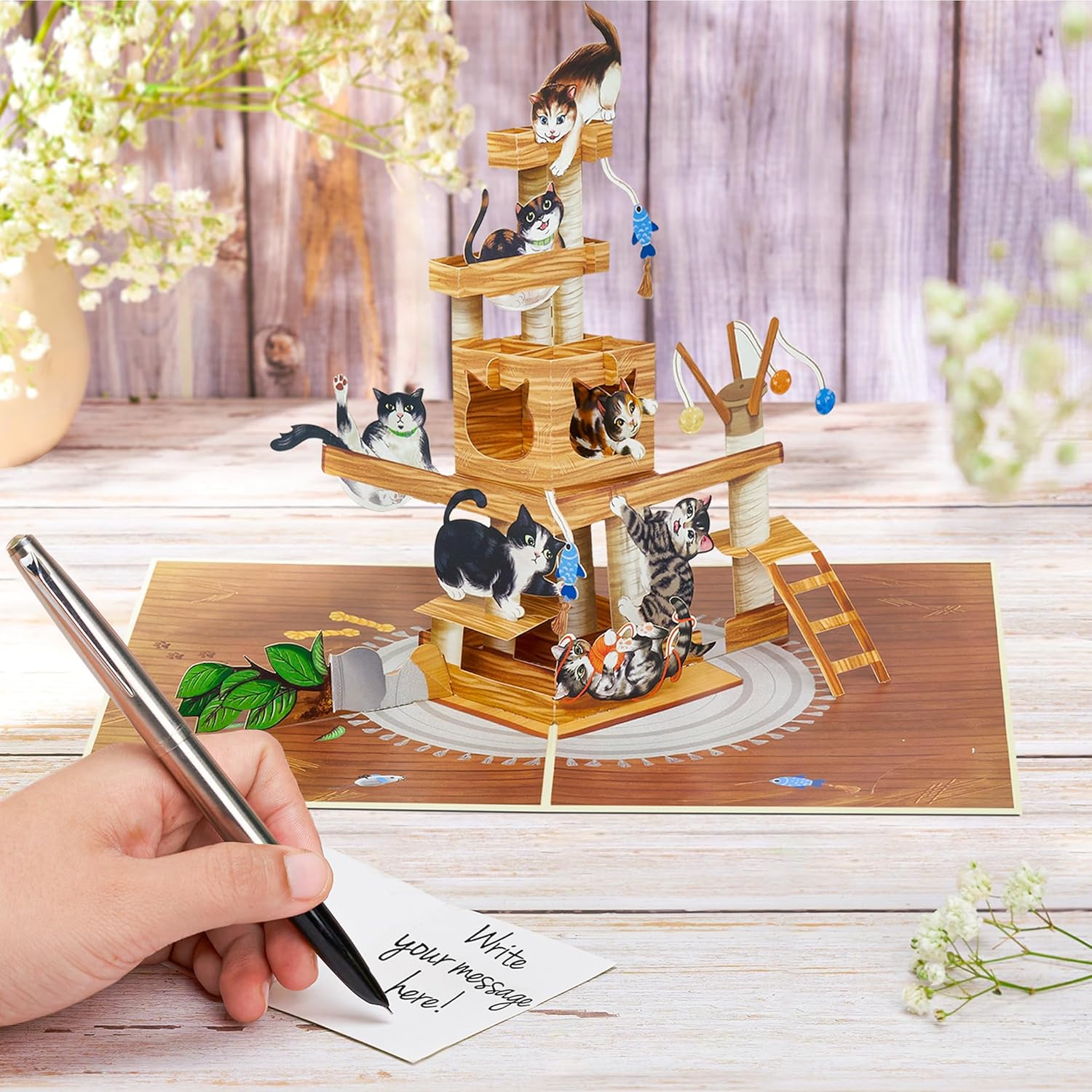 Pop Up Cat Tree greeting card by POPWOW featuring funny cats in 3D, perfect for birthdays, Valentine’s Day, or Mother’s Day gifts