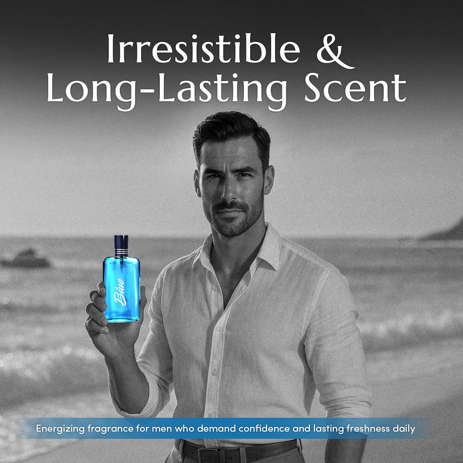 PB ParfumsBelcam Blue Depths Eau de Toilette spray, 3.4 fl oz, featuring a sleek bottle with blue and silver accents.