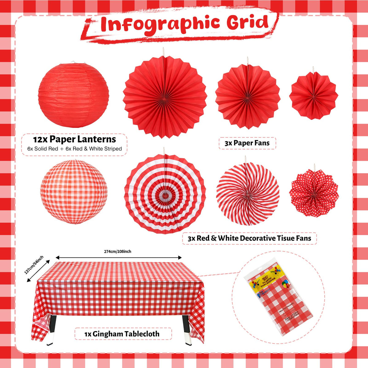 12 Pcs Red and White Checkered Paper Lanterns Set with - LuxDuo Official Imagery - 3