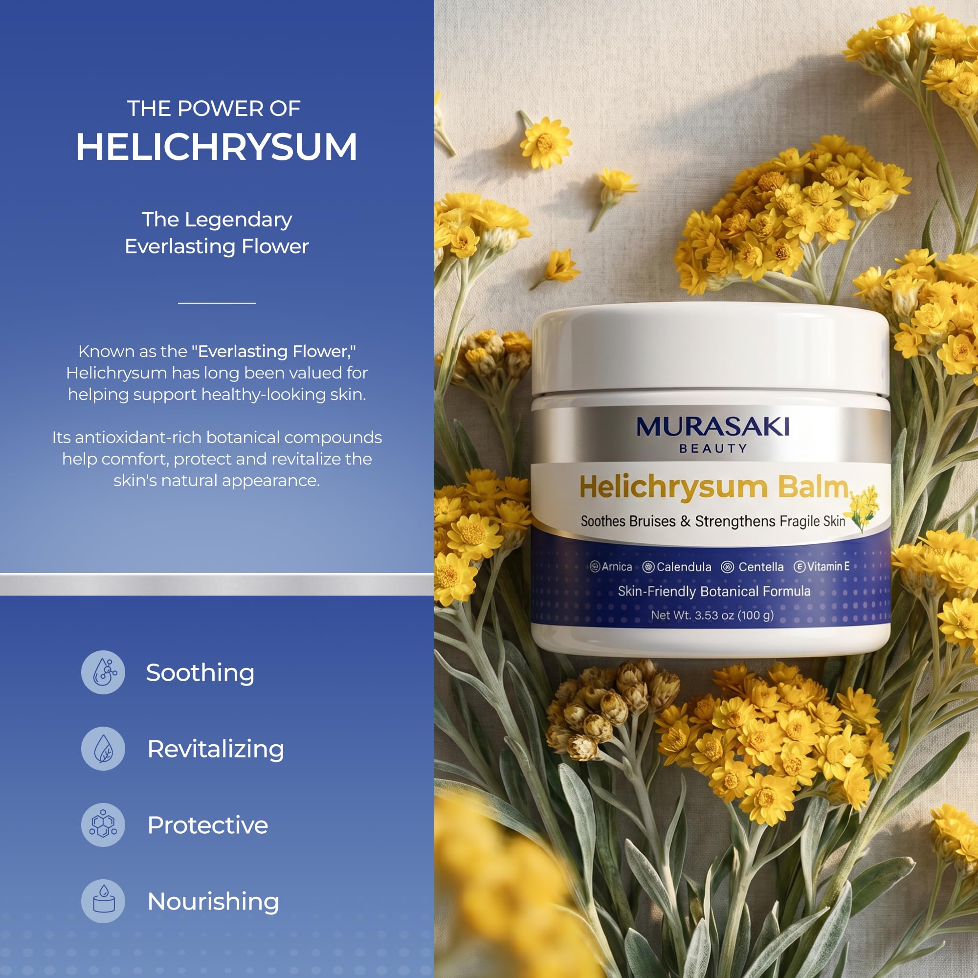MURASAKI BEAUTY Helichrysum Balm with Botanical Extracts, Deep Hydration Helichrysum Balm for Bruise-Prone, Fragile & Thin-Looking Skin, Skin Barrier Support 3.53 oz
