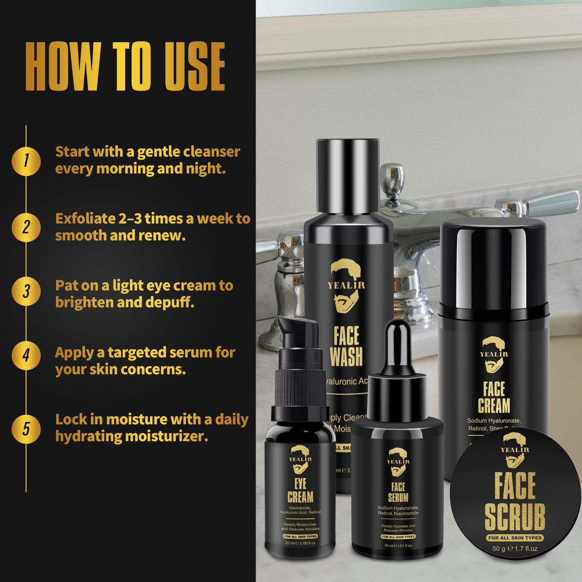 Mens Facial Skin Care Gift Set for Anti Aging Hydration Face - YEALIR Official Imagery - 8