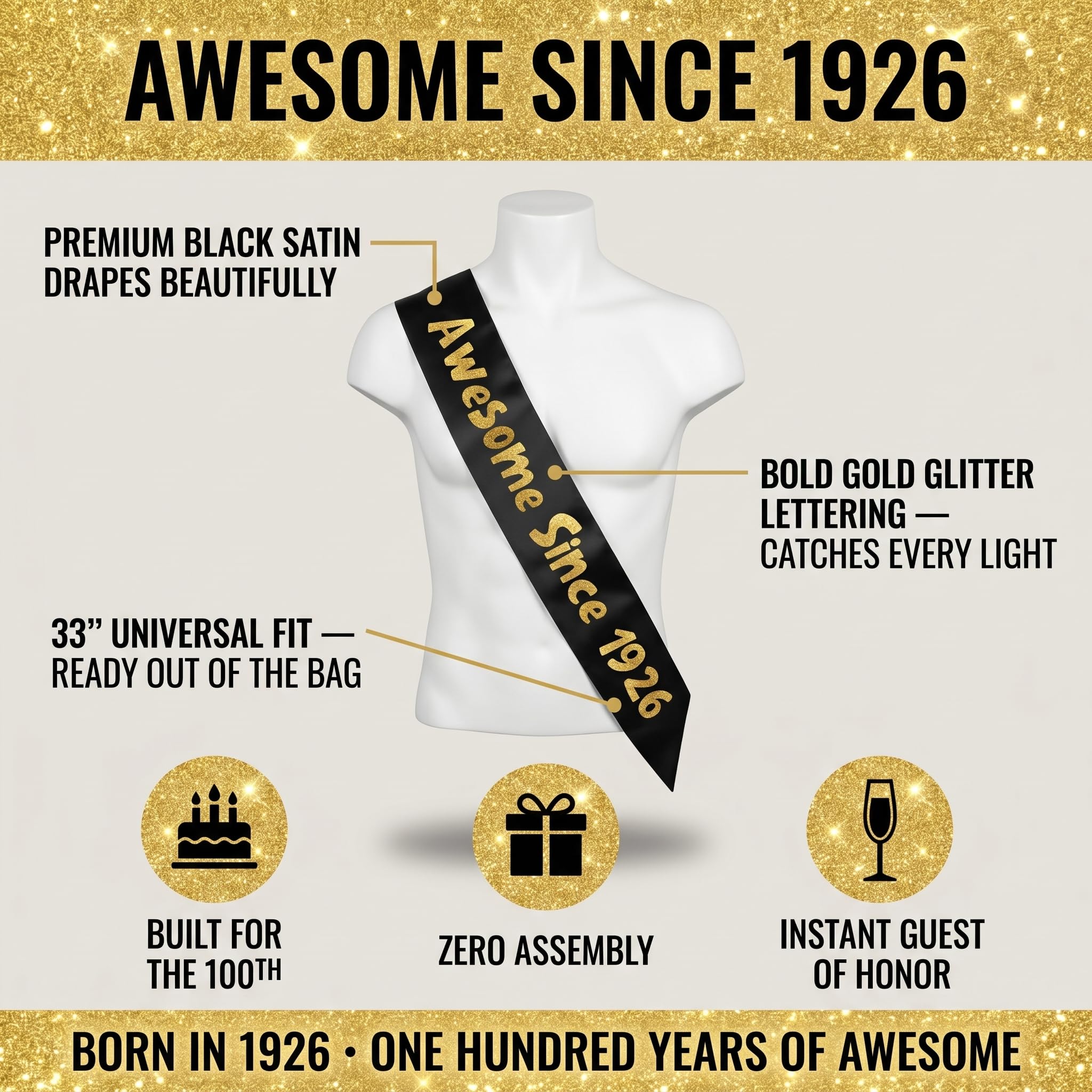 Sterling James Co. Awesome Since 1926 Black and Gold Sash - Funny - Sterling James Co. Official Product View 4