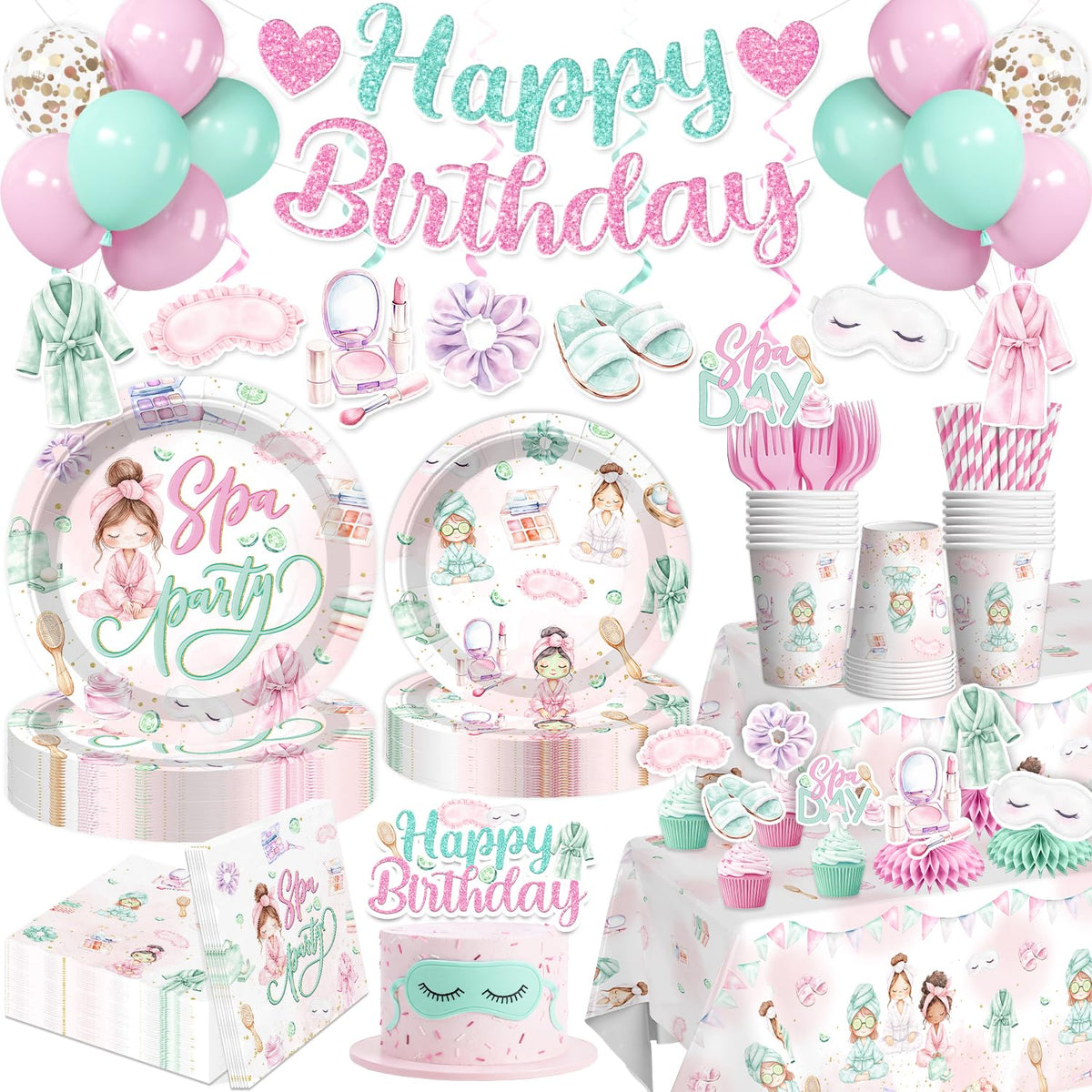 205pcs Spa Party Supplies for Girls Tableware Set for 25 - Yingoto Official Imagery - 1