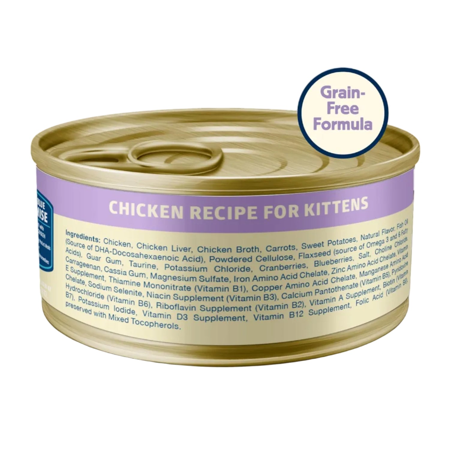 Blue Buffalo Freedom grain-free kitten wet cat food in a can, showcasing the complete and balanced formula for young cats.