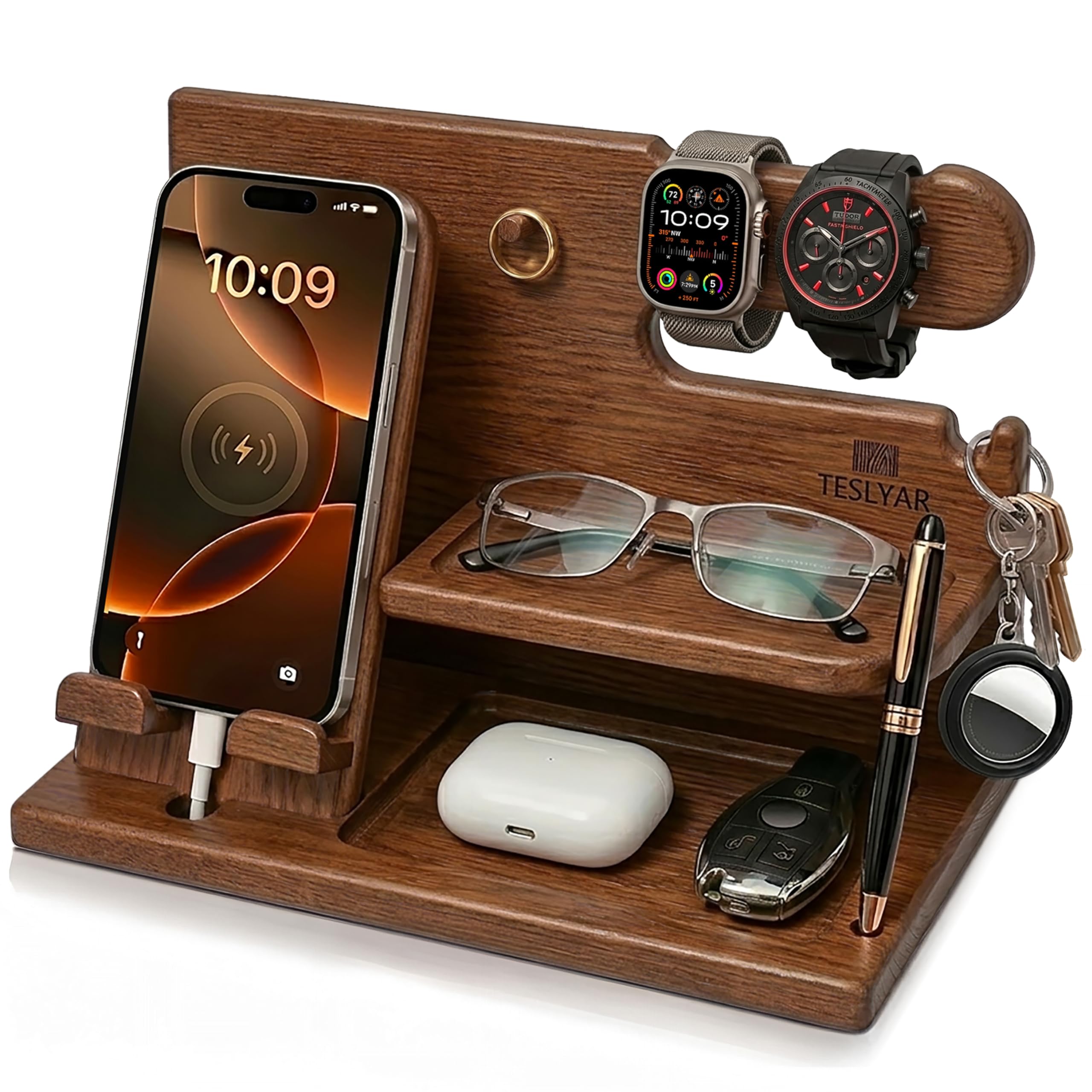 TESLYAR Wood Phone Docking Station for Men - Desk or Nightstand Organizer - Birt - TESLYAR Official Product View 8
