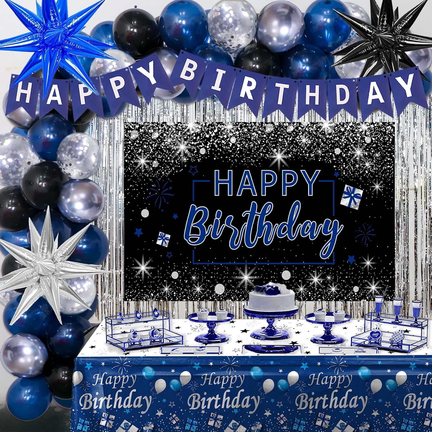 Blue and black birthday decorations for men and women, including banners and balloons, by Puchod for celebration decor.