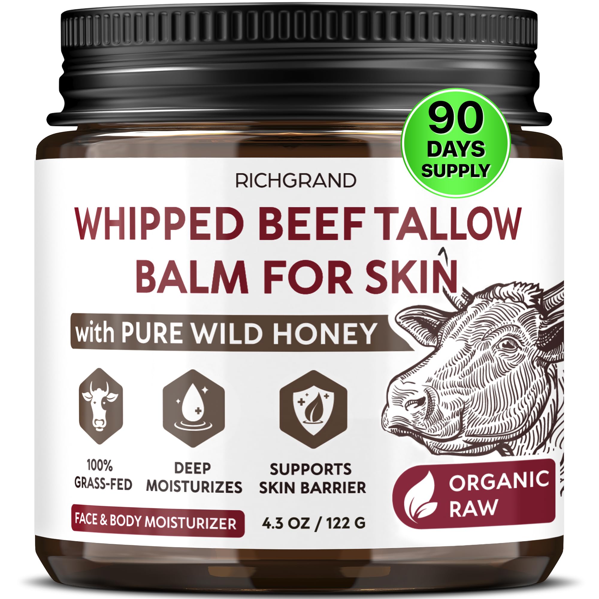 RICHGRAND Beef Tallow Whipped Balm with Manuka Honey – 4.3 oz