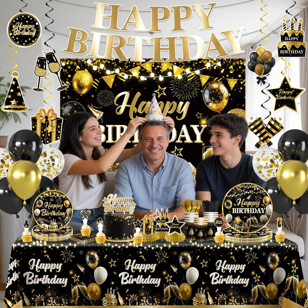 206pcs Black and Gold Birthday Decorations Men Set for 25 - Yingoto Official Imagery - 8