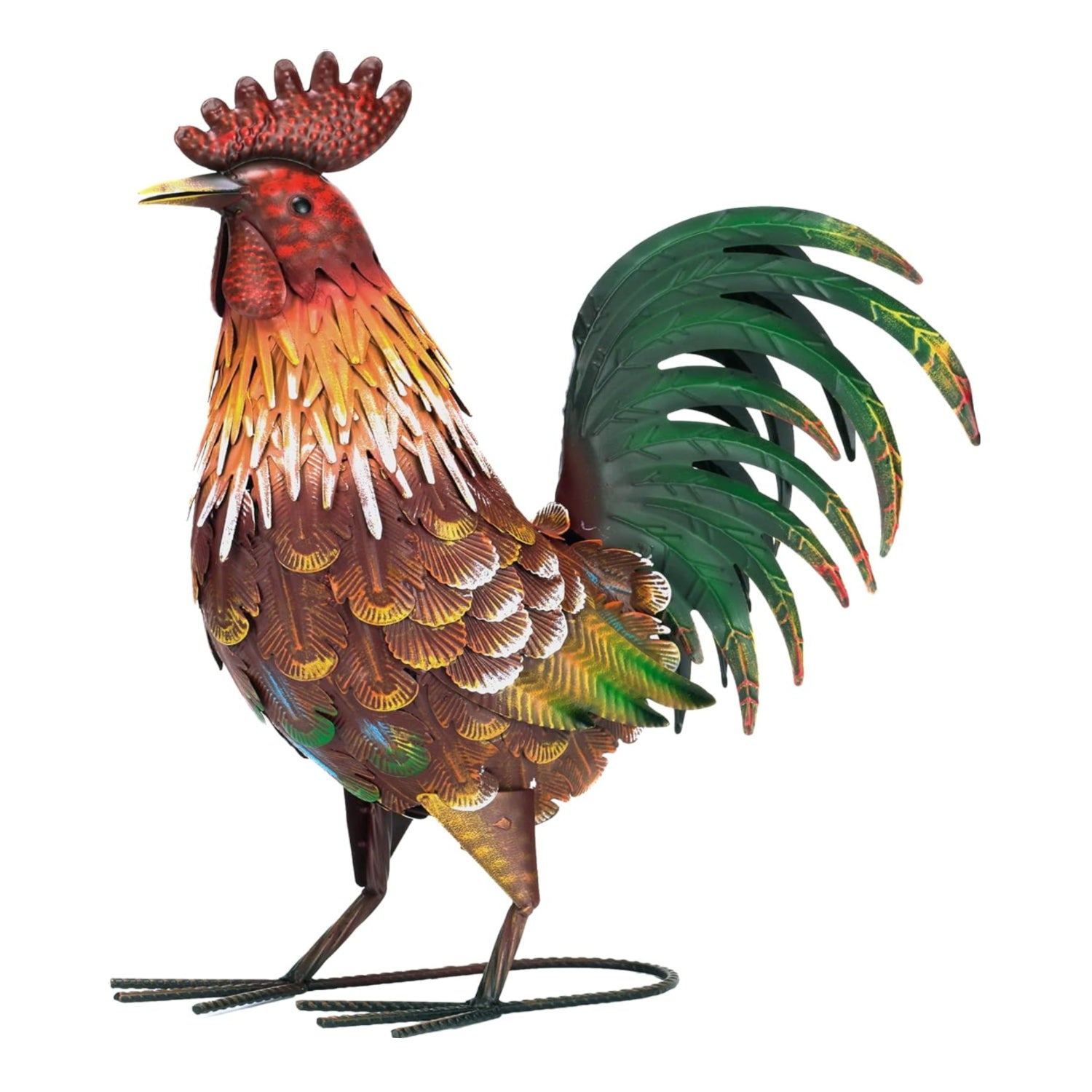 Red metal rooster garden statue by TERESA'S COLLECTIONS, detailed sculpture for outdoor decor, featuring a vibrant red finish.