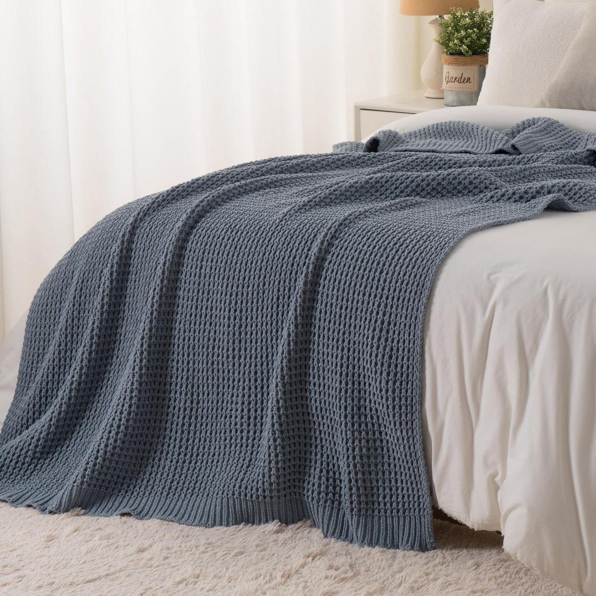 Blue Grey Throw Blanket for Couch Waffle Knitted Throw - Bunnikins & Clover Official Imagery - 7