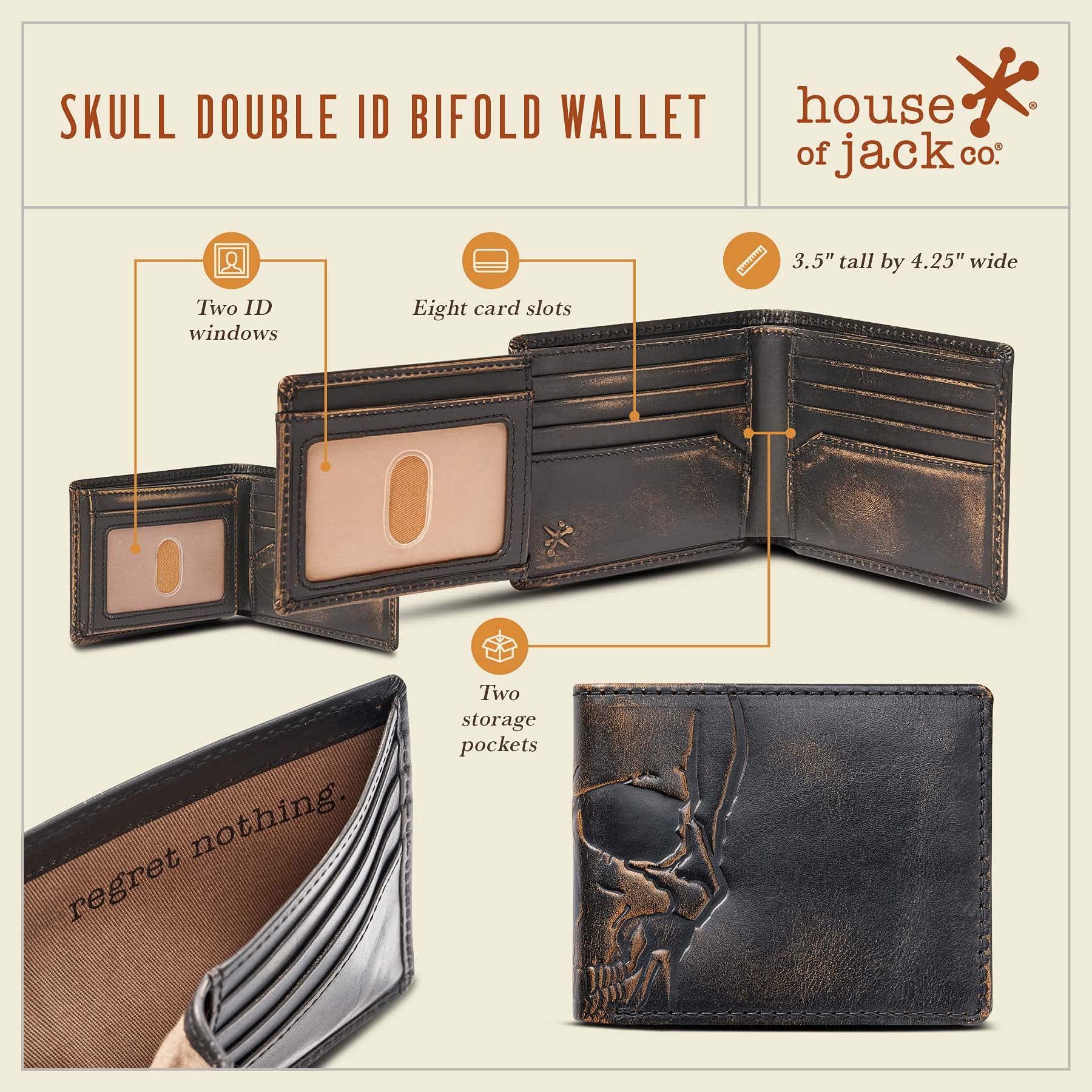House of Jack Co. Skull Double ID Bifold Wallet for Men, 2 ID Windows