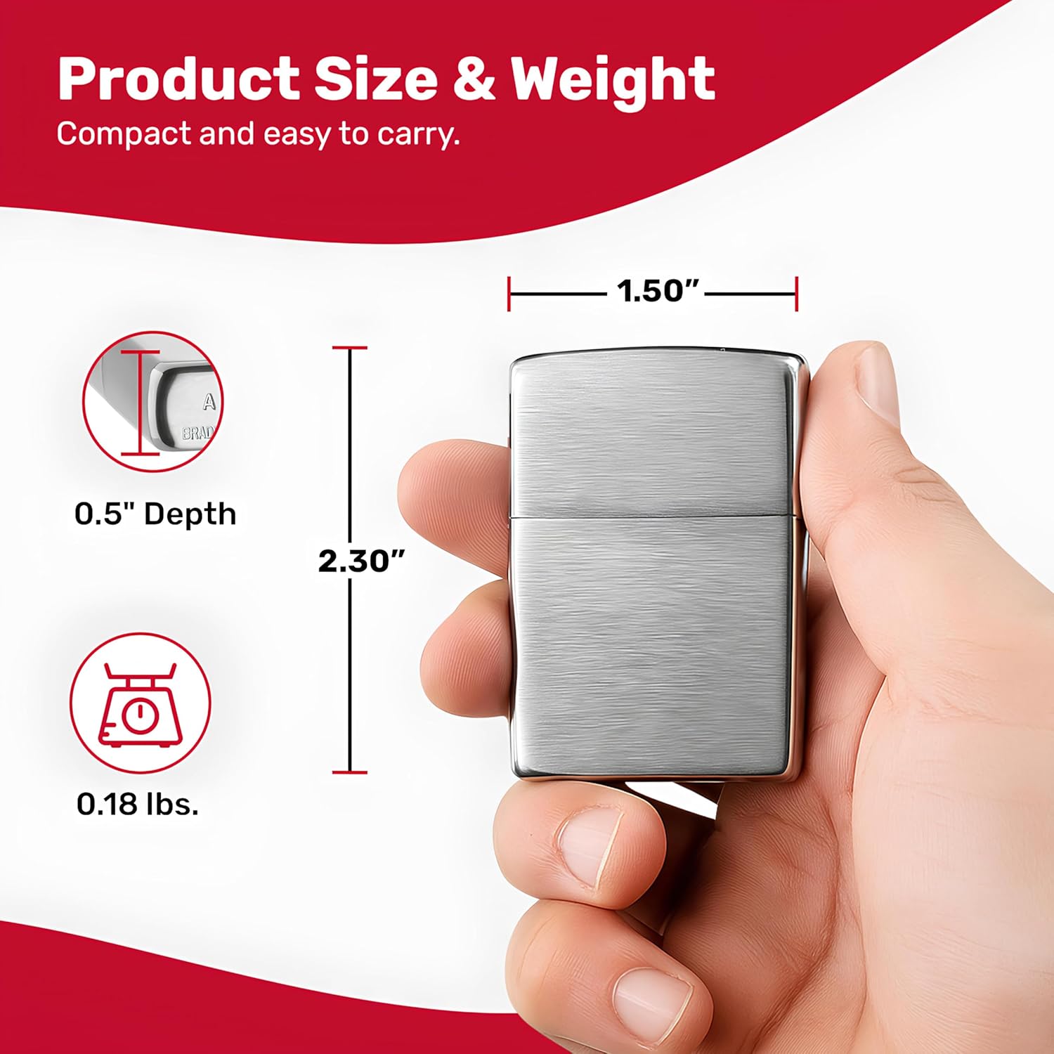 Zippo Classic Brushed Chrome Pocket Lighter with windproof design and refillable features, shown with open lid and flint wheel.