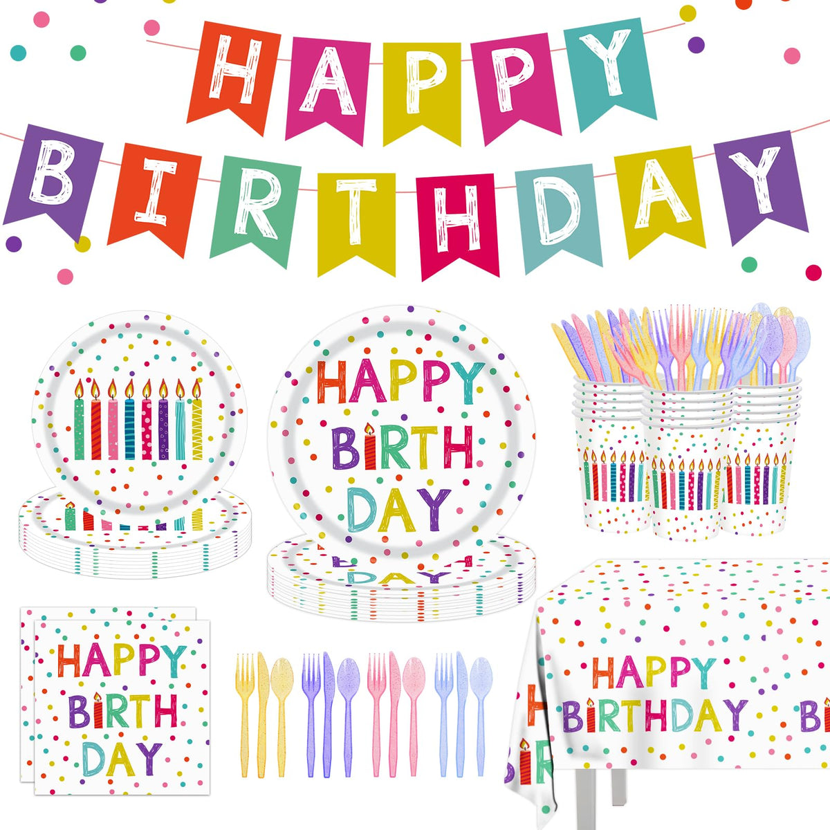 142pcs Happy Birthday Party Supplies Set with Colorful Polka - Kilyparty Official Imagery - 2