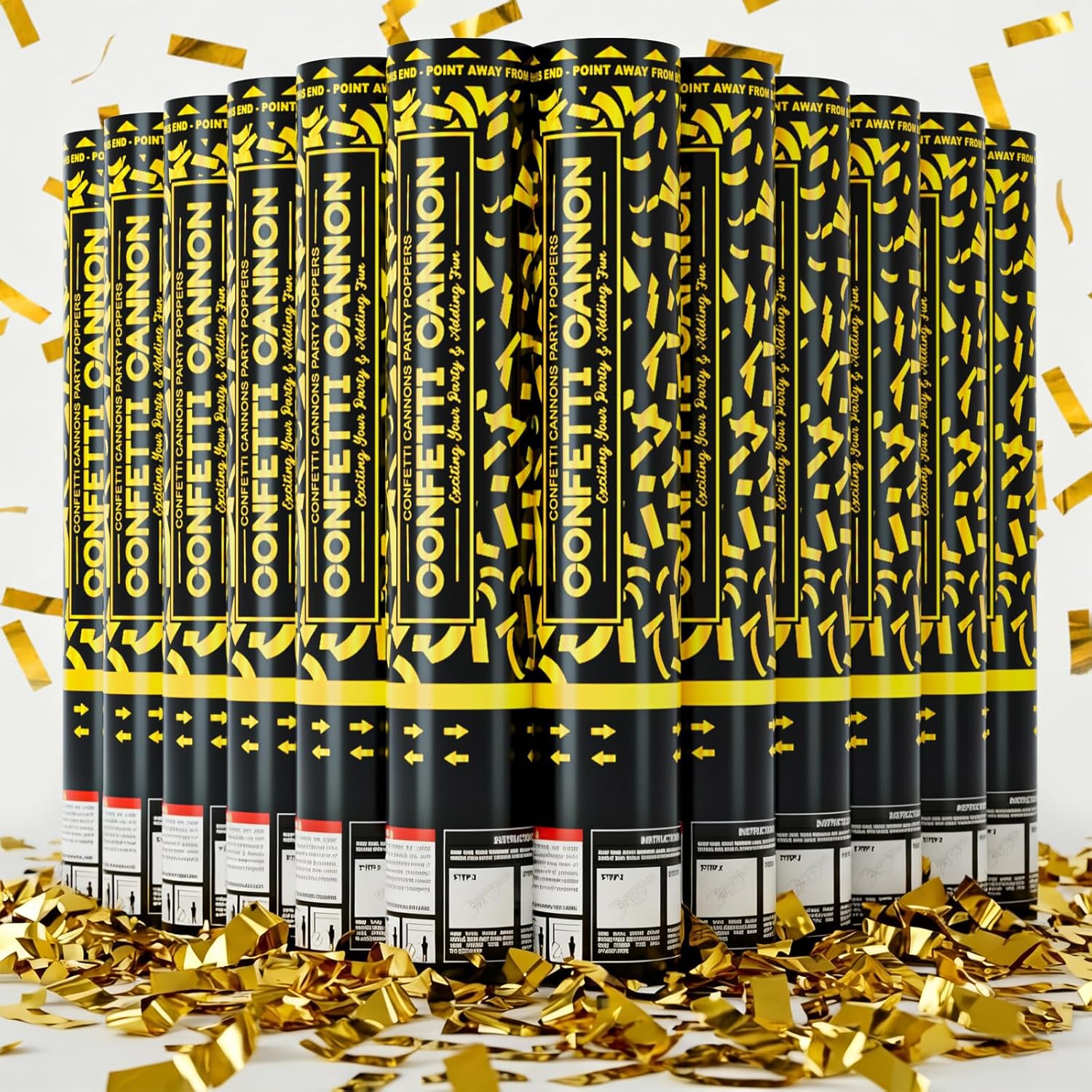 Multiple boxes of Oonetti Cannon confetti cannon with gold confetti on a white background
