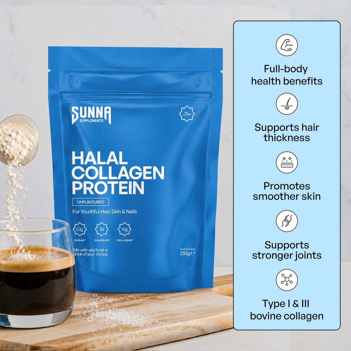 SUNNA SUPPLEMENTS Halal Bovine Collagen Protein Powder - SUNNA SUPPLEMENTS Official Imagery - 3