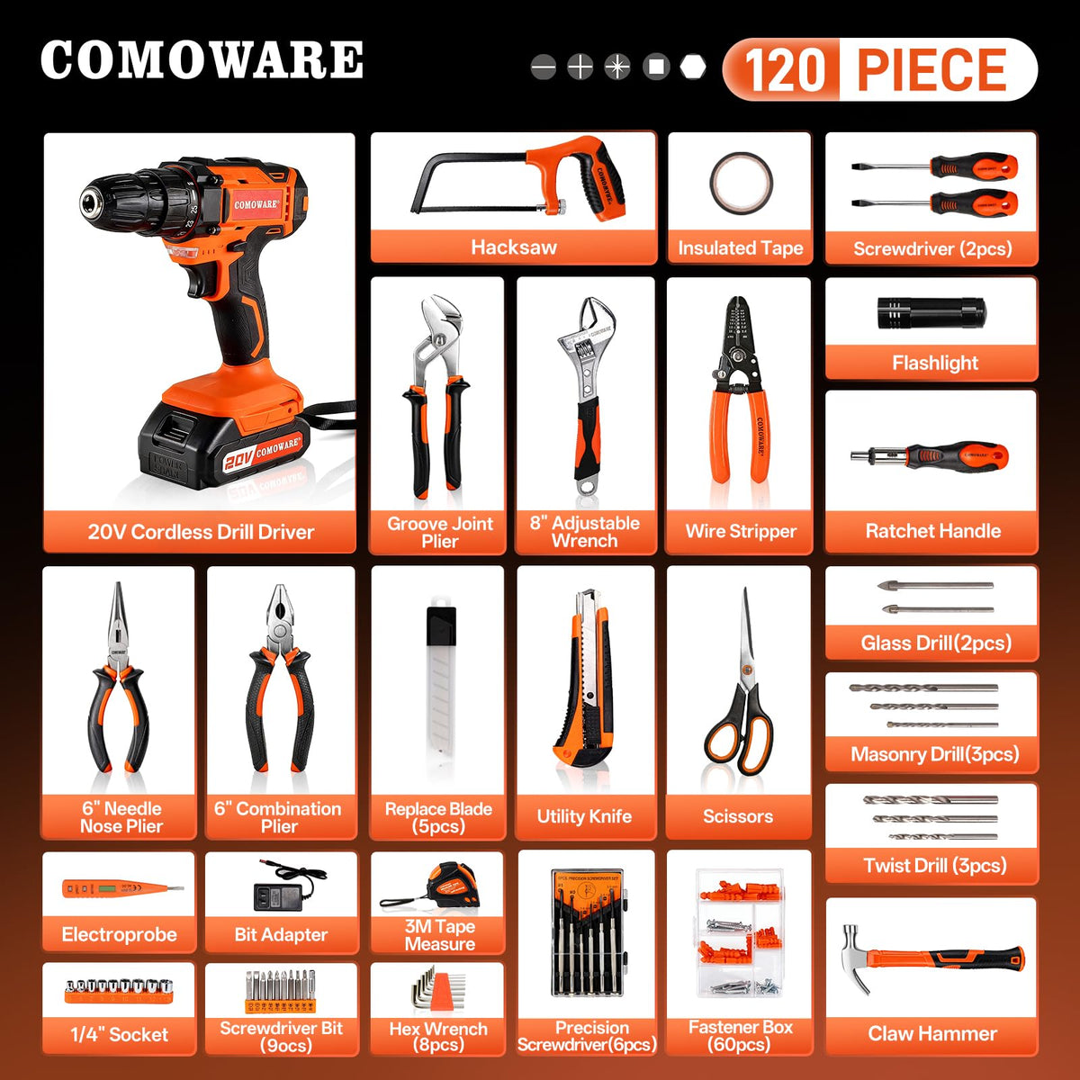COMOWARE 20V Cordless Drill Set 120Pcs Home Tool Kit w - COMOWARE Official Imagery - 3