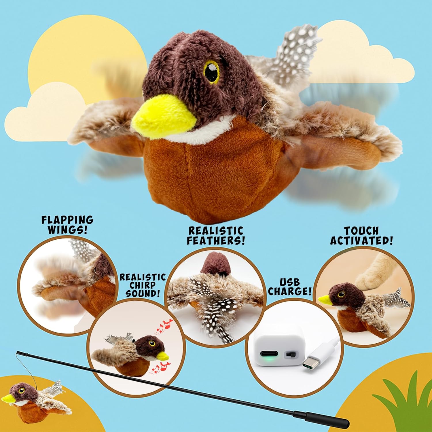 Lila Layers flapping bird cat toy mimics a real bird with chirping sounds, rechargeable, designed to entertain cats.