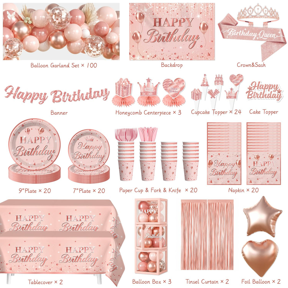 266Pcs Rose Gold Birthday Decorations All in One Set for 20 - cocomigo Official Imagery - 3