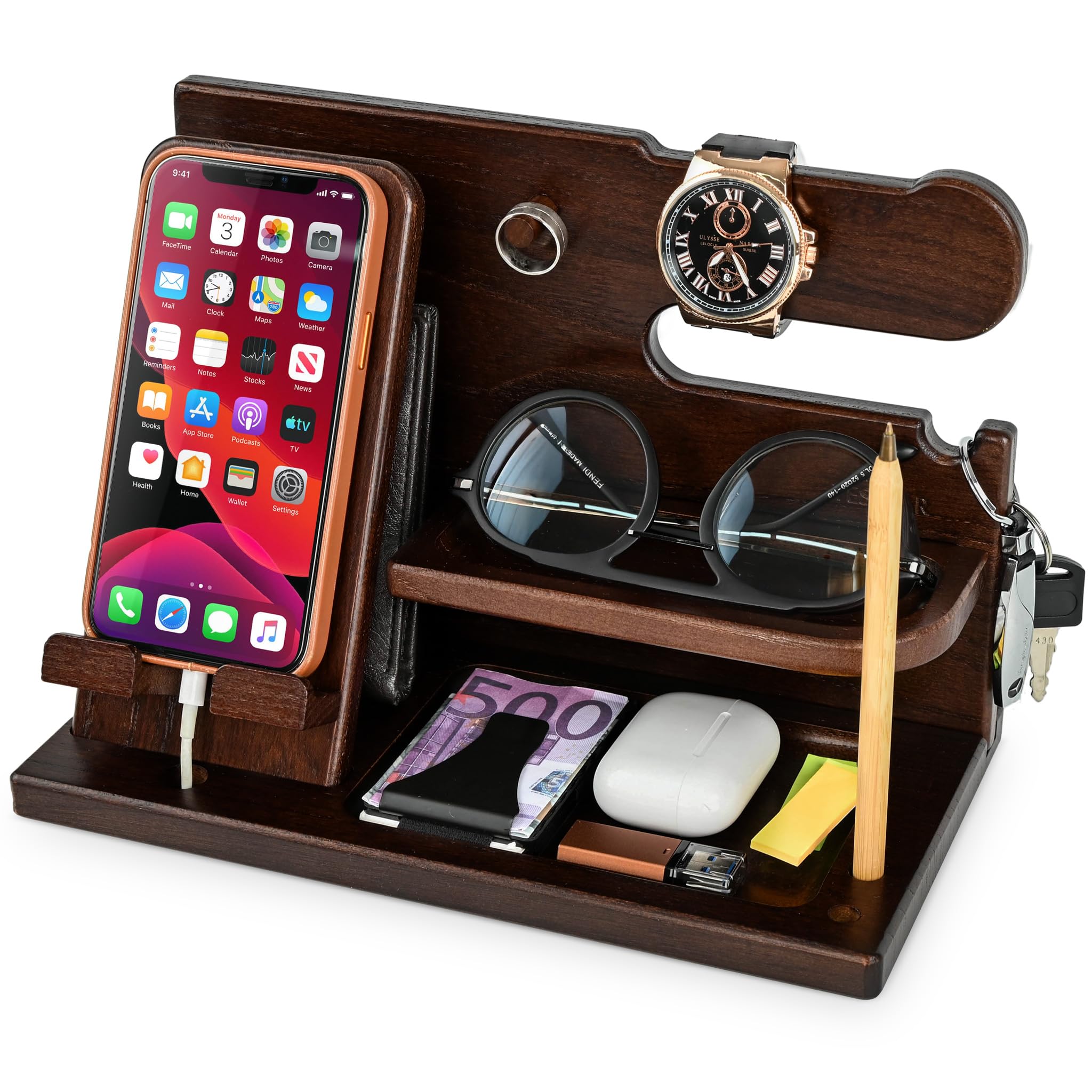 TESLYAR Wood Phone Docking Station for Men - Desk or Nightstand Organizer - Birt - TESLYAR Official Product View 10