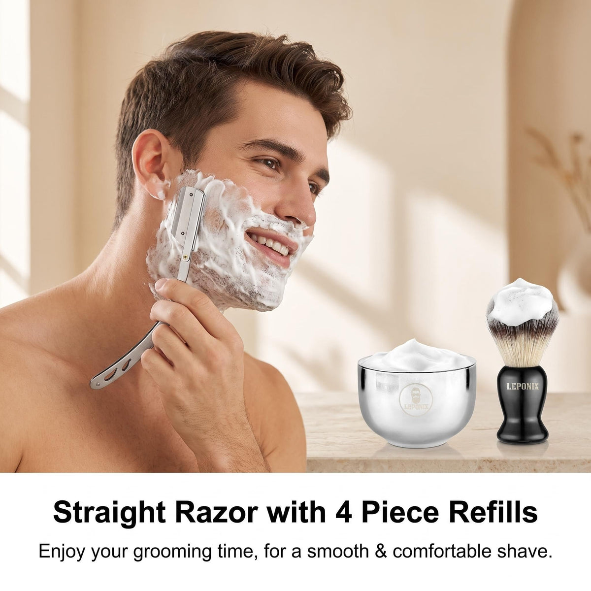 Shaving Kit for Men with Straight Razor Shaving Brush and - LEPONIX Official Imagery - 7
