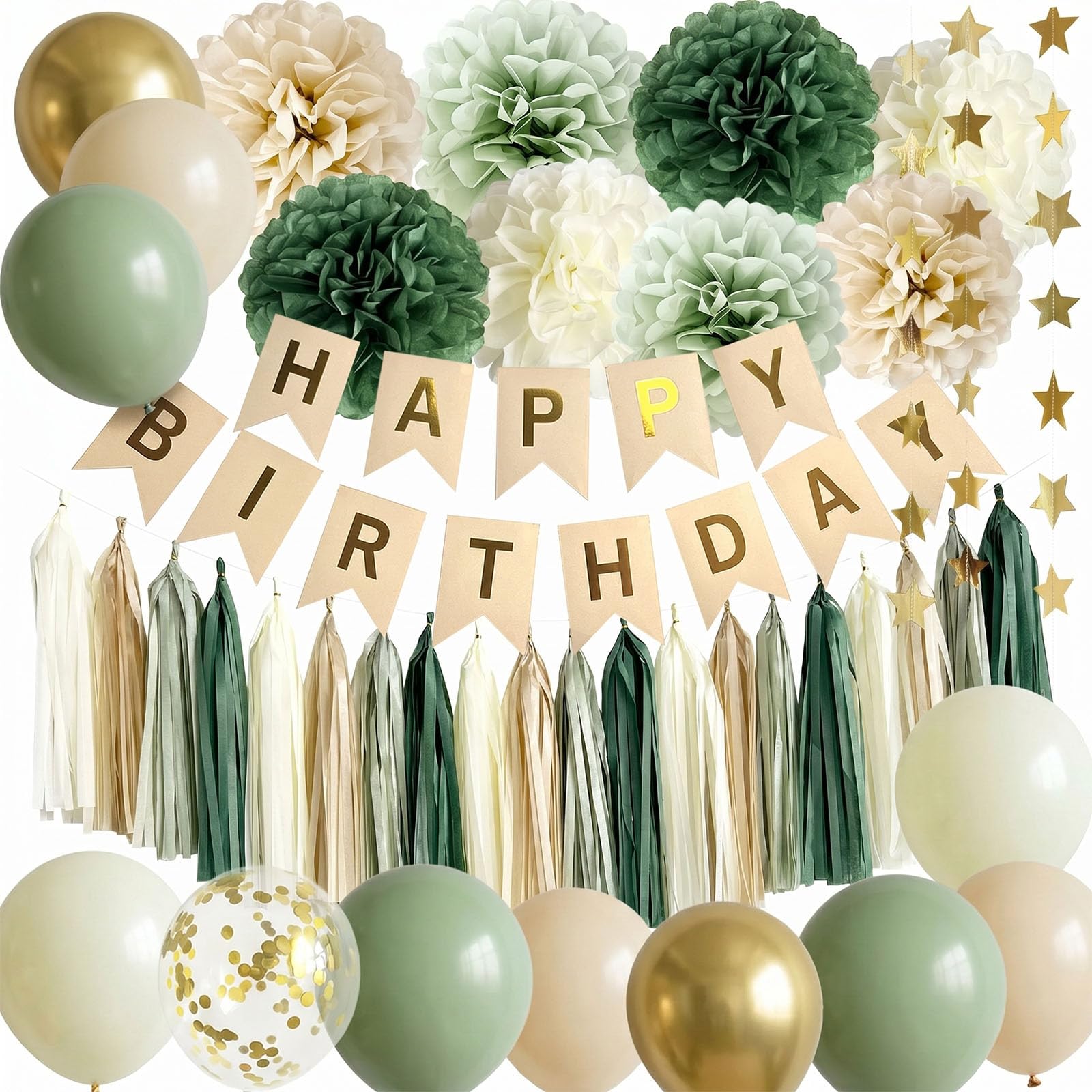 ANSOMO Sage Green Happy Birthday Party Decorations Retro Green - Product Imagery