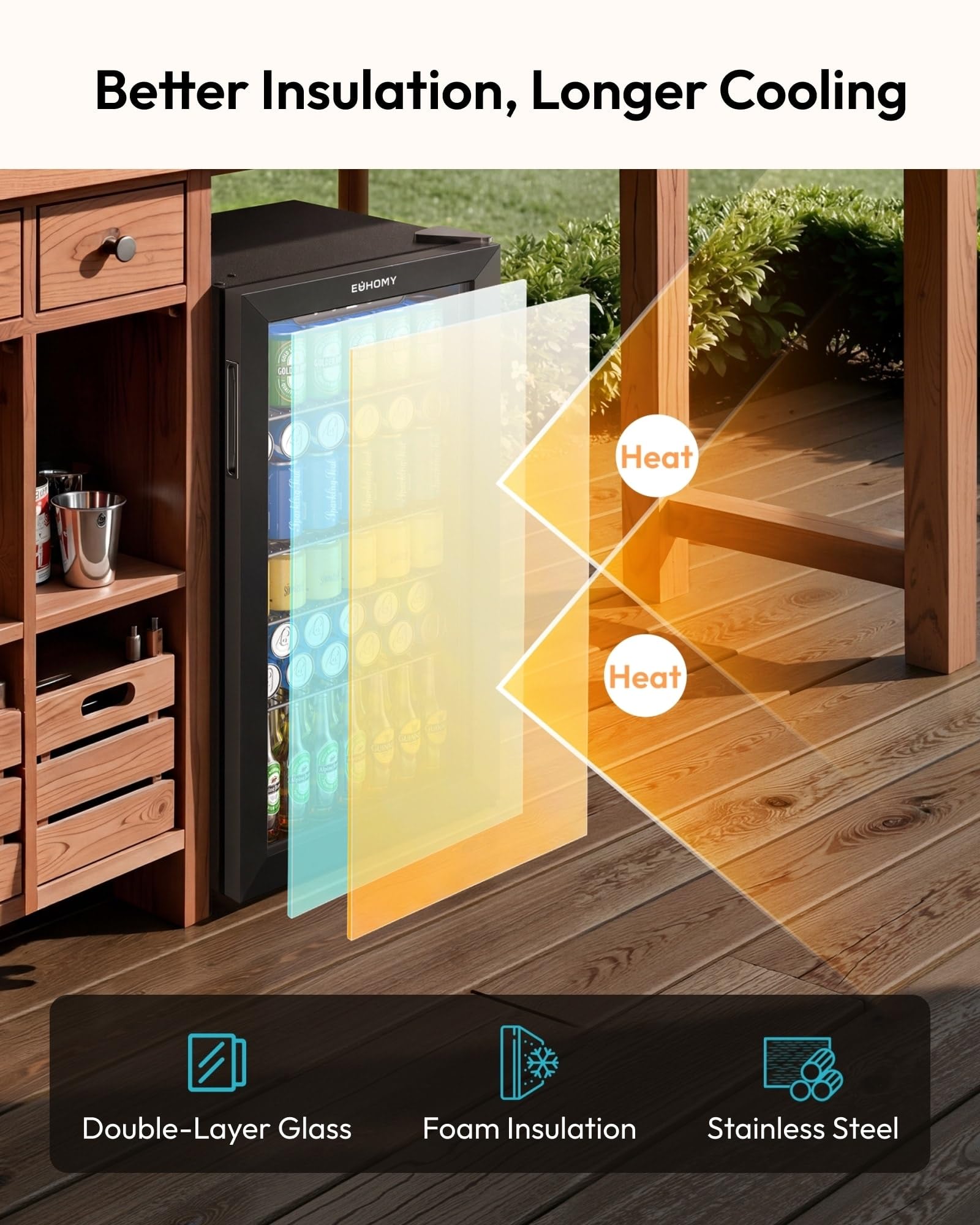 EUHOMY 130 Can Mini Fridge, Beverage Refrigerator with Glass Door, Black - EUHOMY Official Product View 5