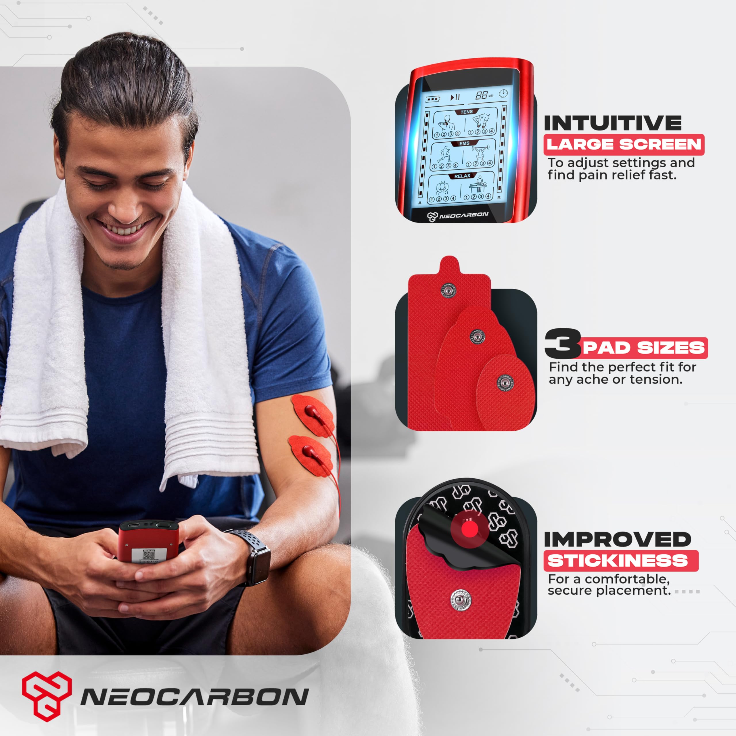 Neocarbon TENS Unit Muscle Stimulator – Red (24 Modes)
