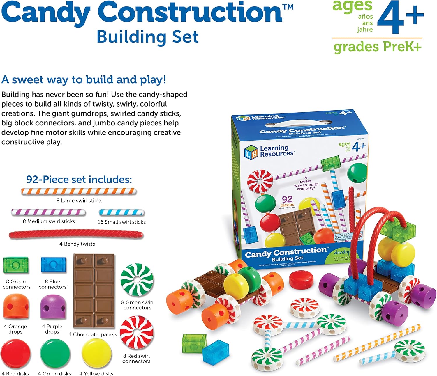 Learning Resources Candy Construction Building Set with 92 colorful pieces for kids aged 4 and up, ideal for creative building play.